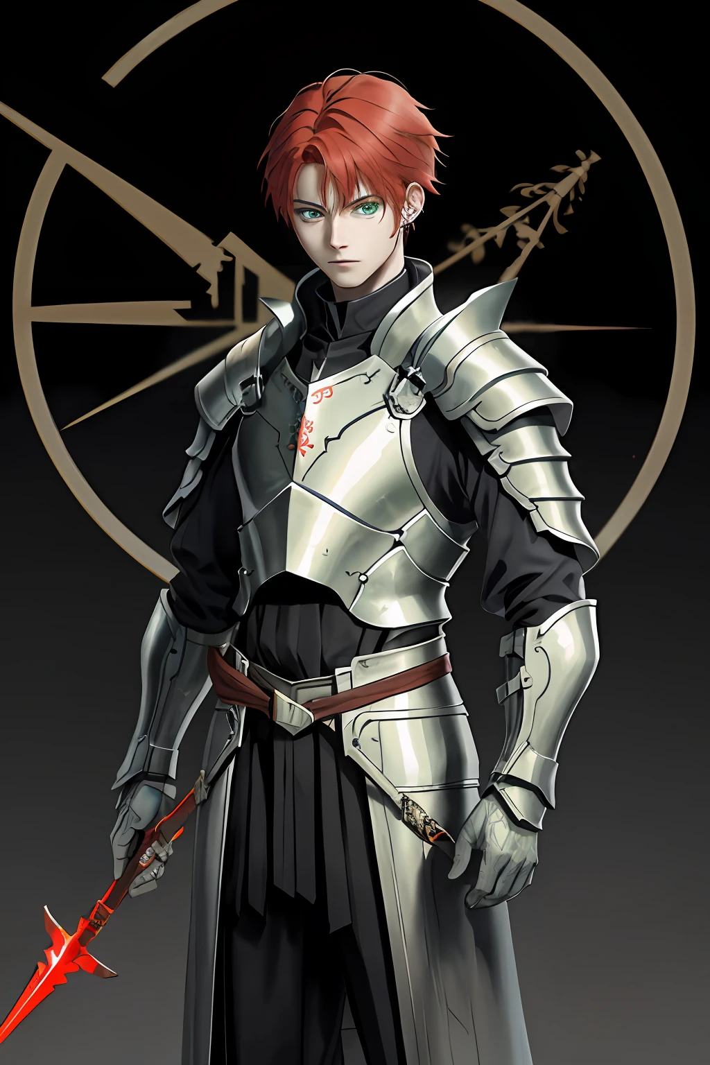 Village boy in armor, red hair andulated, green eyes with triangle-shaped scar on his left eye, his weapon is a celestial spear