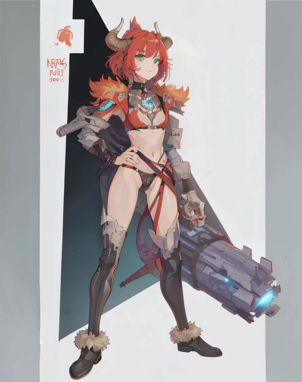 neat face, cyberpunk, armor in the style of Horizon Zero Dawn, Red-haired girl, neat green eyes, pigtails, a wreath of fiery horns on her head, barbarian, a huge techno cannon in her hands, a huntress, bones on the body, insect plates, chitin, fur, small bones, light bones and red fur on the shoulders, dark leather stockings made of strips of cut skin on the legs, ropes and light bones on the body, thin panties, a small bra made of bones, bright red hair, jewelry made of horns, a fur gun. Instead of underpants, rope, bones and chitin, fur shoulder pads and with chitin, a tail of hair on the back of the head, a short haircut, a bionic cannon in the form of the mouth of a wolf, shark, dragon look up. The girl has green eyes, a playful look, a good-natured smile, a neat nose, tight panties, tight thongs, mini-underwear, leaky underwear, torn fabrics, a lot of torn fabrics, a lot of holes in fabrics, a cannon with a monster's head, a cannon barrel in the form of a monster, a flame bursts out of her mouth, a portal in a cannon. The girl has short hair, a ponytail at the back is short and looks up, fur shoulder pads, a jacket on the shoulders, a torn bra, the pubis is open, diagonal straps all over the body, powerful energy escapes from the open toothy mouth of a cannon, a bird's skull on a girl's belly, tattoos, vertebrae on the edges of stockings, cyberpunk, ethnic style of clothing, vintage clothes, worn, prehistoric style, prehistoric jacket, elbow pads made of insects, chitinous cannon, bionic cannon, torn jacket sleeves, chitinous plates on the jacket, flame flashes, cyberpunk, the whole cyberpunk style, a lot of technology, technologies of the future, futurism, science fiction, fantasy, wildness, sexuality, emphasized eroticism, cold lighting, flames from everywhere, a lot of fire, bones on the shoulders, small details on the shoulders, a skull on the belt, the girl has curly hair, tattoos on her face, maximum nudity, diagonals, caveman, prehistoric image,