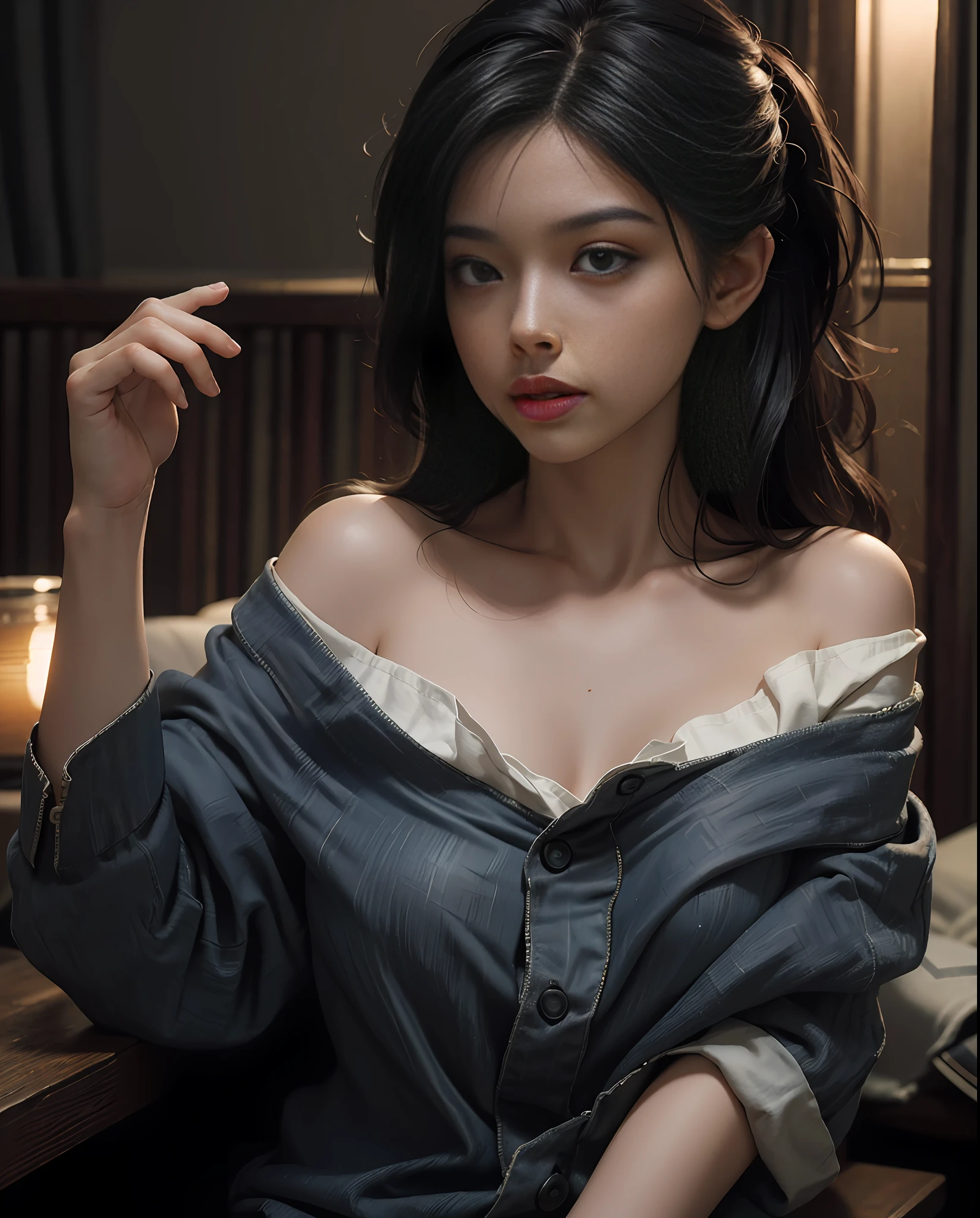 Best quality, masterpiece, ultra high res, (photorealistic:1.4), raw photo, 1girl, off shoulder, cinematic lighting, kiss poses