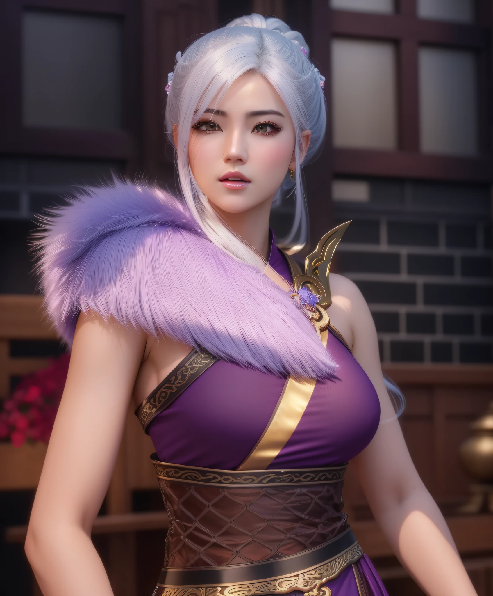 a close up of a woman in a purple dress with a furry collar, tifa lockhart with white hair, full body xianxia, game cg, zhongli from genshin impact, yun ling, ruan jia and artgerm, keqing from genshin impact, xianxia hero, 8k artgerm bokeh, inspired by Lan Ying, (masterpiece:1.4), (8k, photorealistic, RAW photo, best quality: 1.4), japanese, beautiful face, (realistic face:1.4), (high detailed hair:1.3), beautiful hairstyle, realistic eyes, beautiful detailed eyes, (realistic skin:1.3), beautiful skin, attractive, ultra high res, ultra realistic, highly detailed, golden ratio, (detailed face:1.4), (realistic medium breasts:1.4), (braless:1.4), perky_nipples, (see-through outfit, transparent outfit :1.2), (nsfw:1.25)