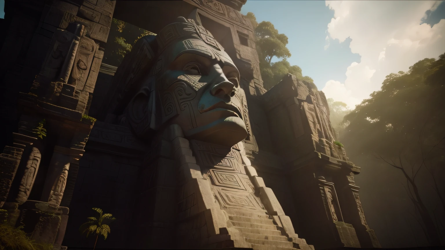 there is a large stone statue in the middle of a forest, cinema 4d :9 detailed face: 8, mayan temple in the jungle, hud face, playstation 2 graphics, ps5 cinematic screen capture, scattered islands, moai, face photo, without mustache, nose of red skull