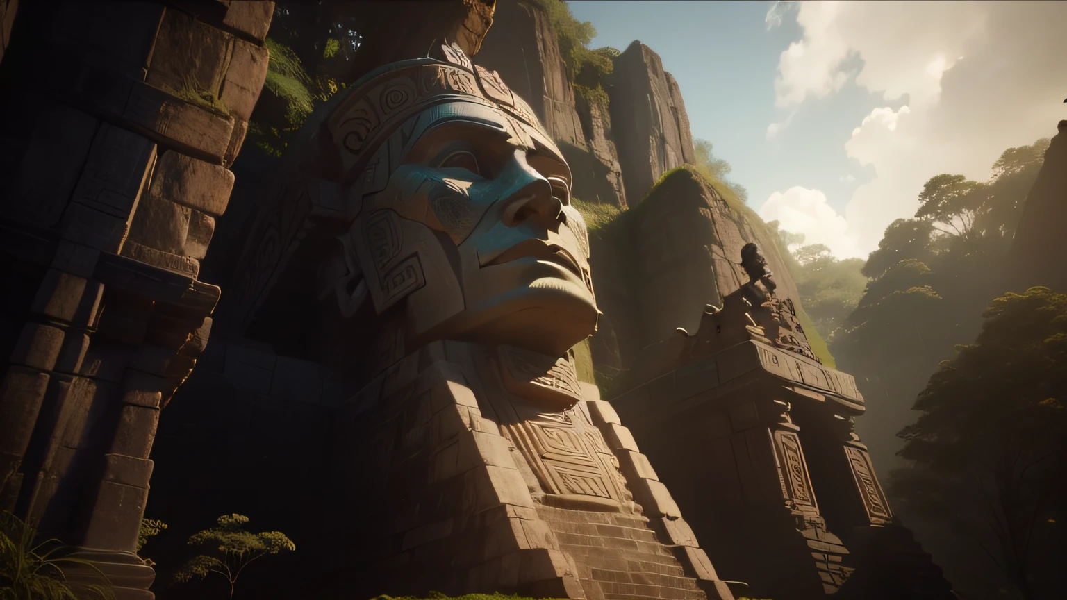 there is a large stone statue in the middle of a forest, cinema 4d :9 detailed face: 8, mayan temple in the jungle, hud face, playstation 2 graphics, ps5 cinematic screen capture, scattered islands, moai, face photo, without mustache, nose of red skull