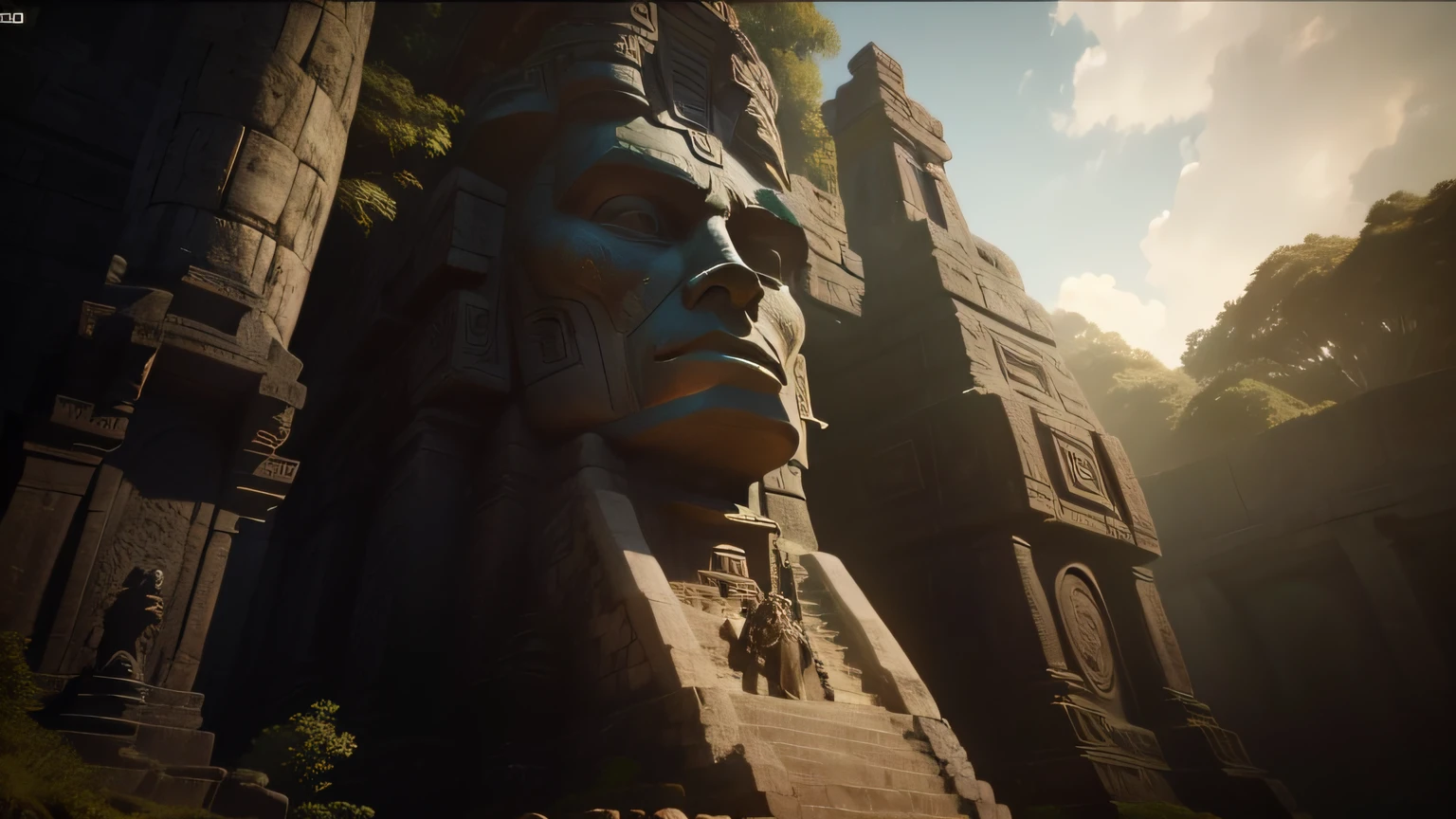 there is a large stone statue in the middle of a forest, cinema 4d :9 detailed face: 8, mayan temple in the jungle, hud face, playstation 2 graphics, ps5 cinematic screen capture, scattered islands, moai, face photo, without mustache, nose of red skull