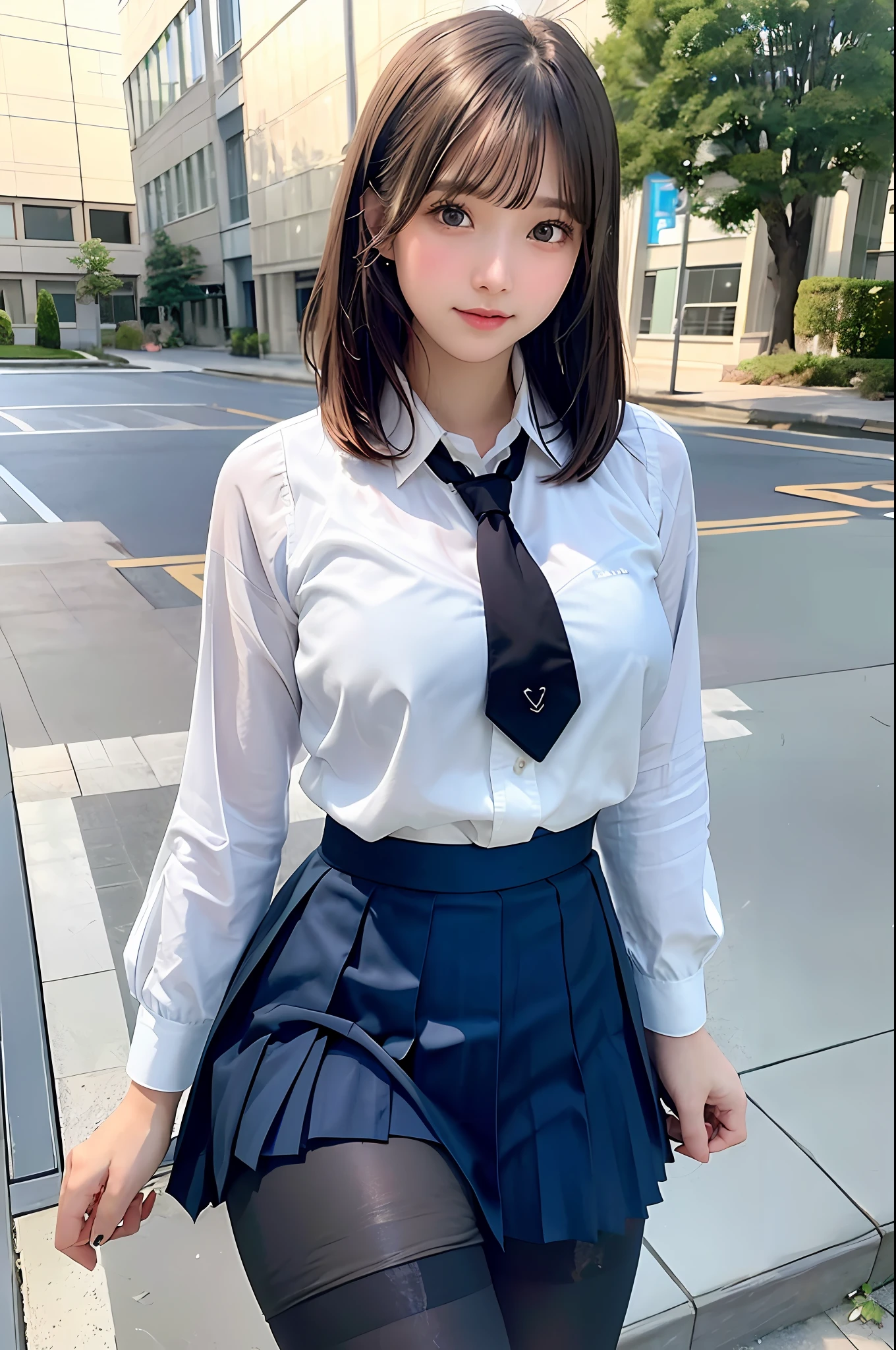 8k, best quality, real picture, intricate details, ultra-detailed, ultra highres, depth field,(photorealistic,realistic:1.2),masterpiece, 0.25 :: close-up , straight-on shot , from miiddle ,
1girl, ai_chan, an extremely beautiful -yeld gi innocent big eyes, (Brown_SHORT_hair), (GREEN_eyes:1.0),(bangs),disheveled hair,(hairclip), perfect shiny skin, flawless skin, fair skin, huge breasts, cleavage, narrow waist, light blush, solo, looking at viewer, light smile,
chubby under clothes, sweat,
wearing ((school_uniform), (white_skirt),(BLUE_Long_Tie), (BLUE_pleated_skirt), (Black_pantyhose) :1.2), 
(gravure pose :1.1),
sunset ,
high school in Japan ,
