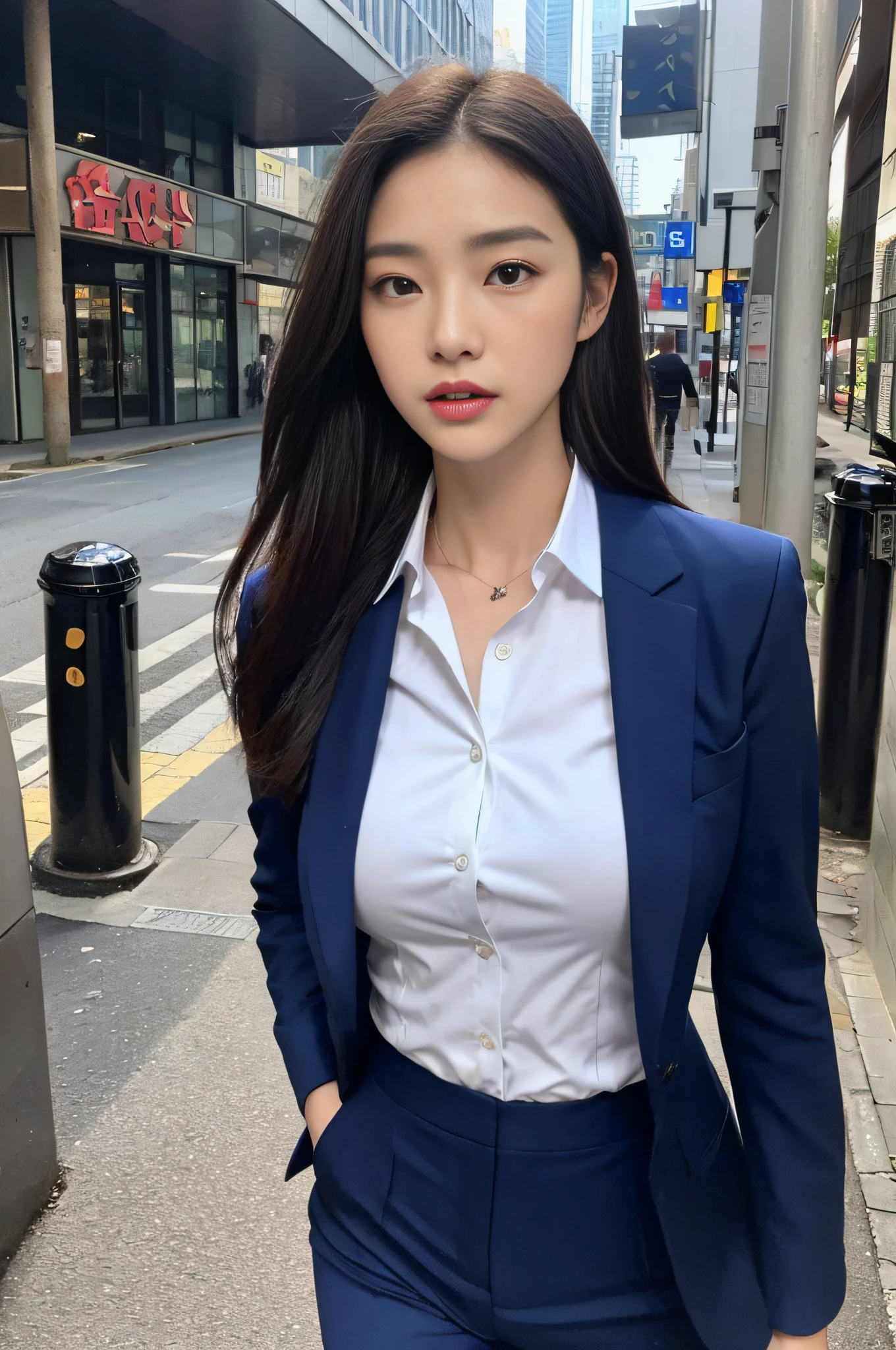 (Top Quality, 16k, Masterpiece: 1.3)), Slender Beauty 1 Person: 1.5, (C Cup Breasts: 1.1, Slender Abs: 1.2), (Black Straight Long Hair), (Ultra Detailed Face and Skin Texture, Ultra Detailed Eyes, Double Eyelids, Ultra Detailed Eyes), Sharp Focus: 1.2, Full Body: 1.1, Dark Blue Suit, White Y-Shirt, Office District: 1.3, Walk