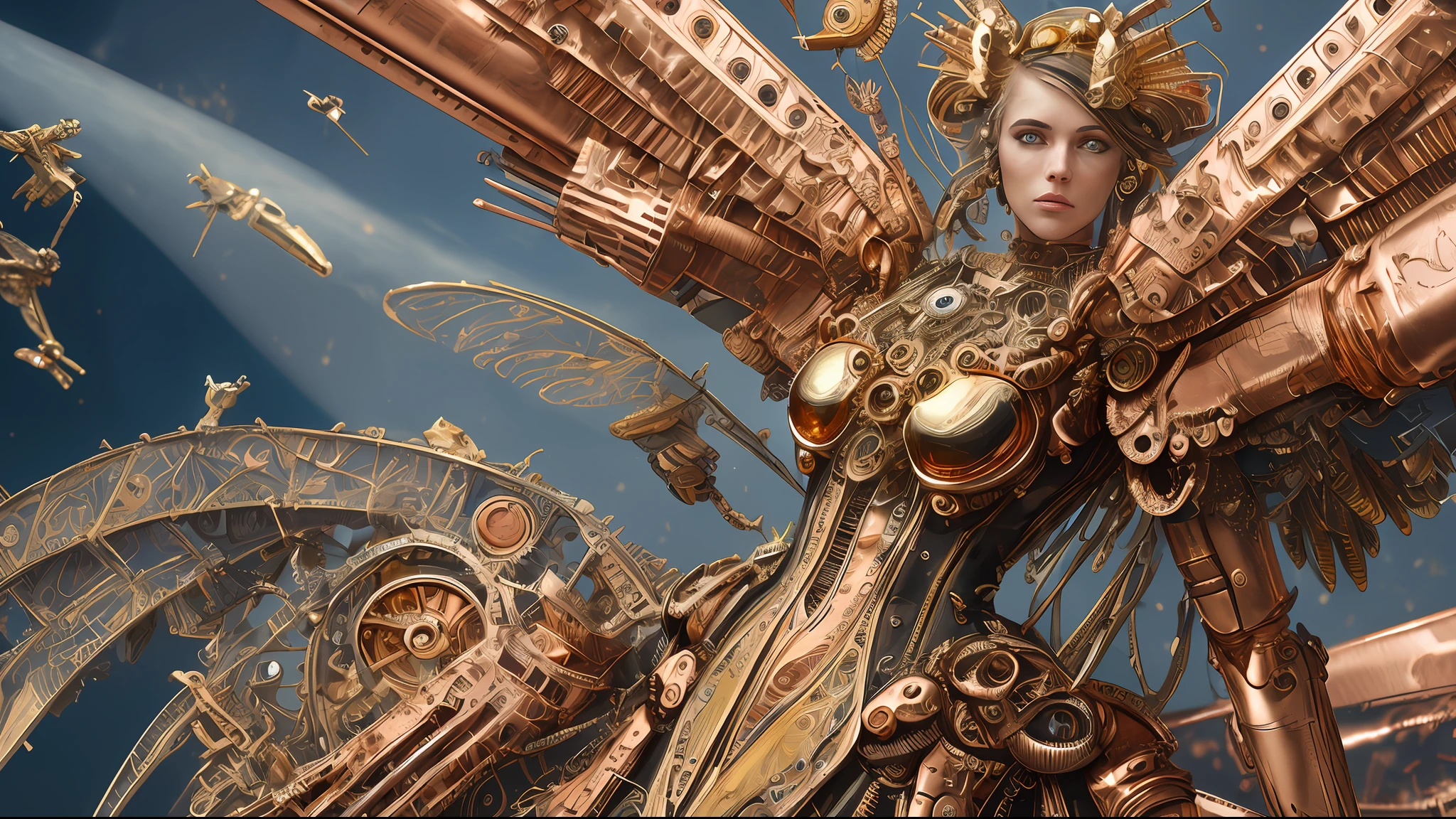 (masterpiece, best quality, absurdres:1.4), (highly detailed CG illustration), cinematic light, (official art:2.0), 1girl, upper body, mechanical wings, (by Dave Seeley:1.7), (Maximalism:2), (complicated background, complicated decorations, complicated dress, gold decorations, copper decorations:2), (red blood eyes, crying, tears:1.4), (eye mask:1.2), (extreme detailed:1.5),(fractal art:1.7),highest detailed, clockpunk, steampunk, gears, cubism, mechanical, dynamic pose,( implants:1.5)