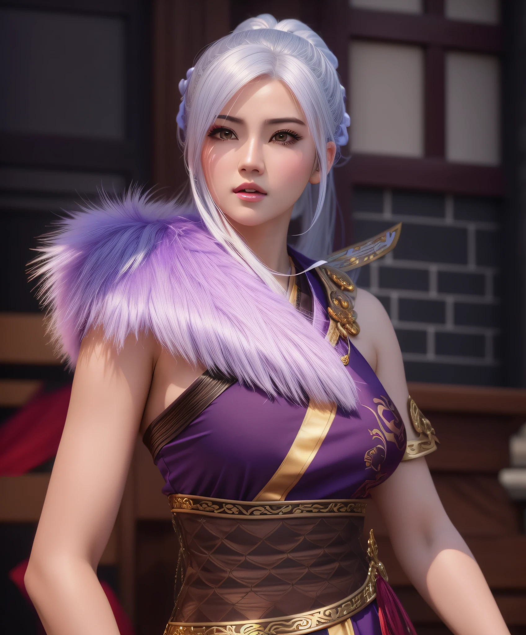 a close up of a woman in a purple dress with a furry collar, tifa lockhart with white hair, full body xianxia, game cg, zhongli from genshin impact, yun ling, ruan jia and artgerm, keqing from genshin impact, xianxia hero, 8k artgerm bokeh, inspired by Lan Ying, (masterpiece:1.4), (8k, photorealistic, RAW photo, best quality: 1.4), japanese, beautiful face, (realistic face:1.4), (high detailed hair:1.3), beautiful hairstyle, realistic eyes, beautiful detailed eyes, (realistic skin:1.3), beautiful skin, attractive, ultra high res, ultra realistic, highly detailed, golden ratio, (detailed face:1.4), (realistic medium breasts:1.4), (braless:1.4), perky_nipples, (see-through outfit, transparent outfit :1.2), (nsfw:1.25)