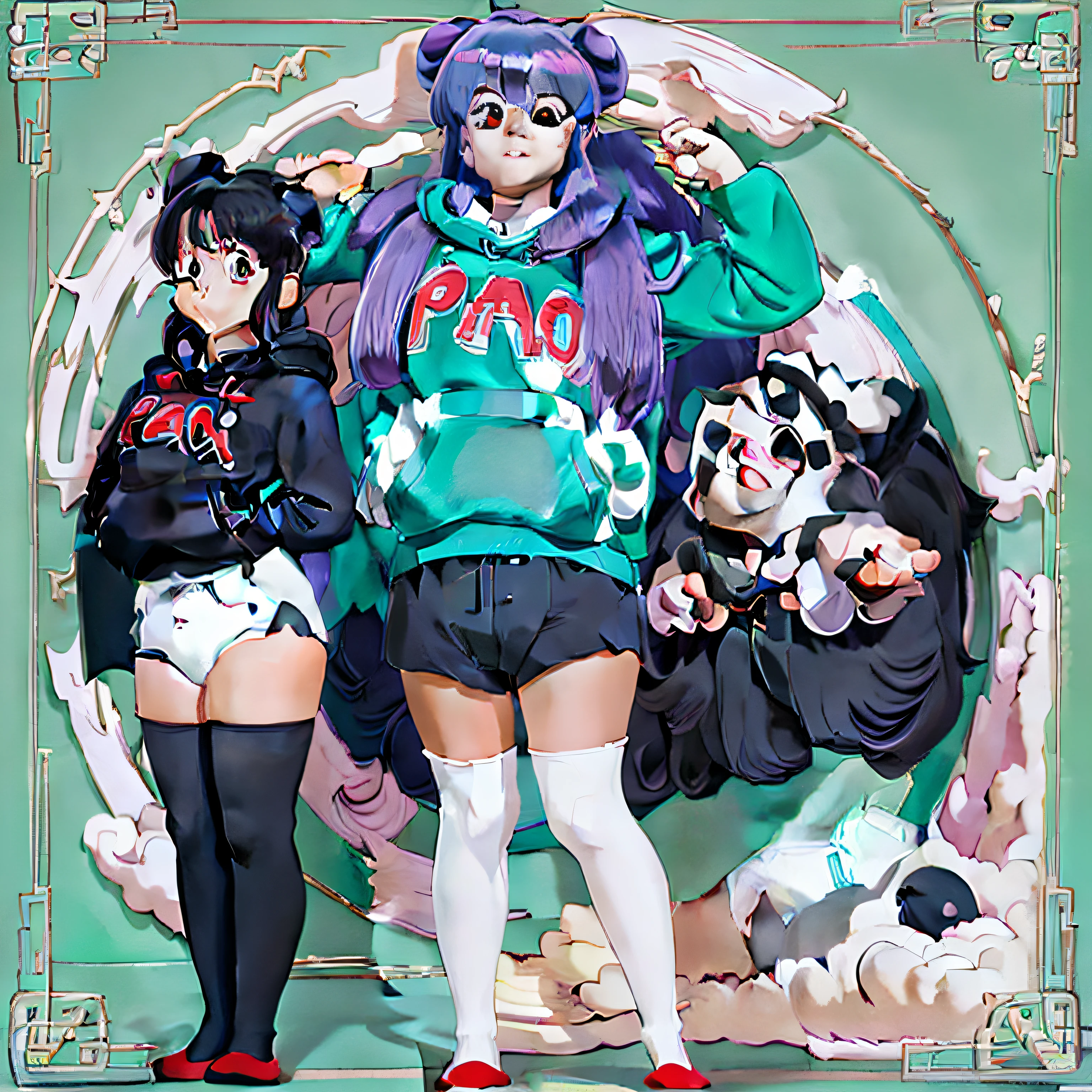 (aesthetic, high quality, ultra detailed CG), a blushing girl, short black hair, big eyes, "panda theme hoodie", wearing a diaper, black thigh high socks and mary jane shoes, a full body portrait, standing up pose, casual dynamic pose, high key lighting, pastel colors, anime-style, light green bright background.
