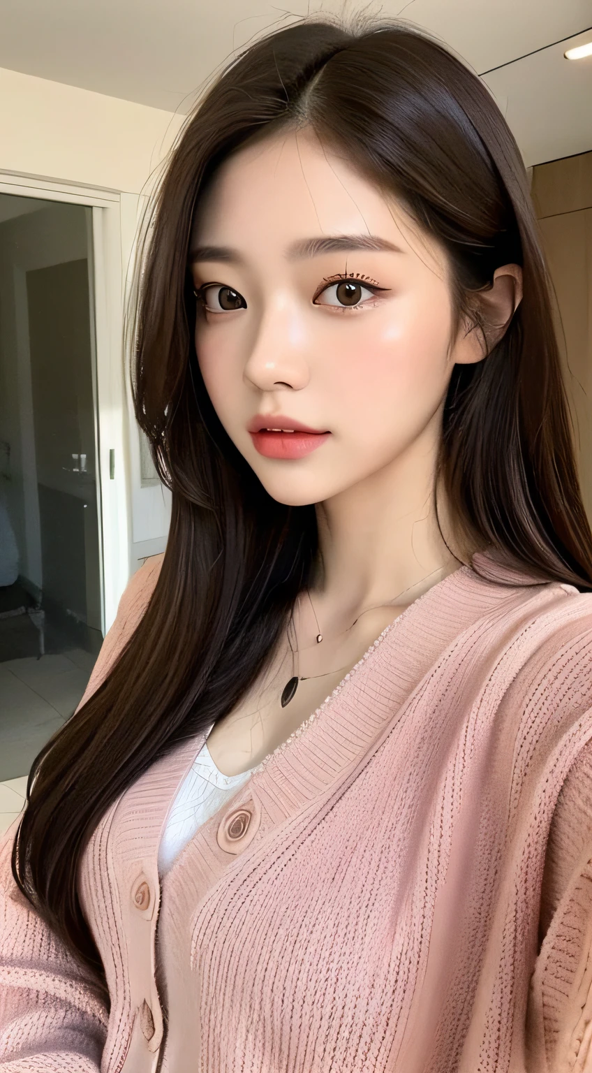 ((Midnight, Acura, 8K, Masterpiece: 1.3)), Full body, Long legs, Focal length: 1.2, Perfect Body Beauty: 1.4, Slim Abs: 1.1, ((Dark Brown Hair, Big Breasts: 1.2 )), (Double Facial Texture Air Cotton Pink Sweatshirt Cardigan, Standing: 1.2), ((Selfie Don't Leak Out of Mobile: 1.6)), Highly Detailed Face and Skin Texture, Fine Eyes, Double Eyelids