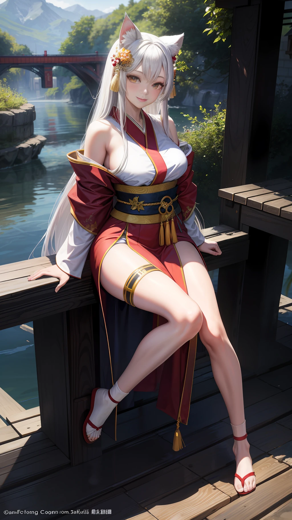 masterpiece, best quality, 1girl, yellow eyes, long hair, white hair, sitting, red kimono, large breasts, light smile, arms behind back, nature, hair ornament, animal ears, bridge, water