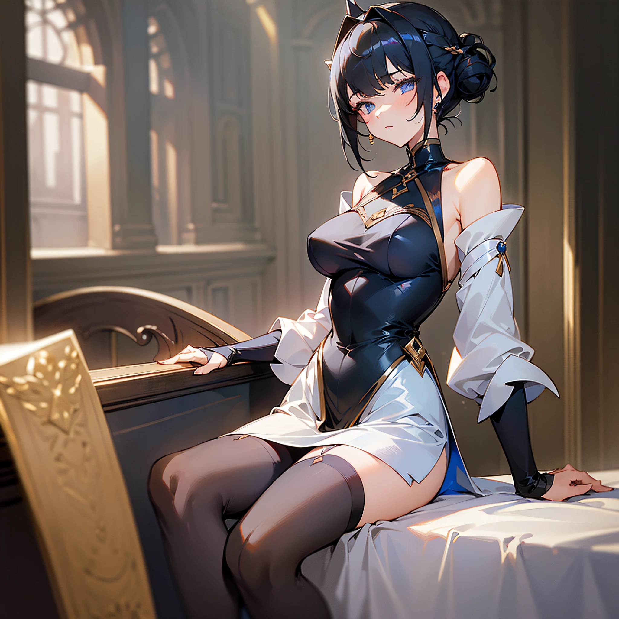 ((Masterpiece)), (Best Quality), (Detailed), (1girl), Short Black Hair, Blue Eyes, Updo, Lustrous Top, Lustrous Stockings, Looking Down on the Audience --auto --s2