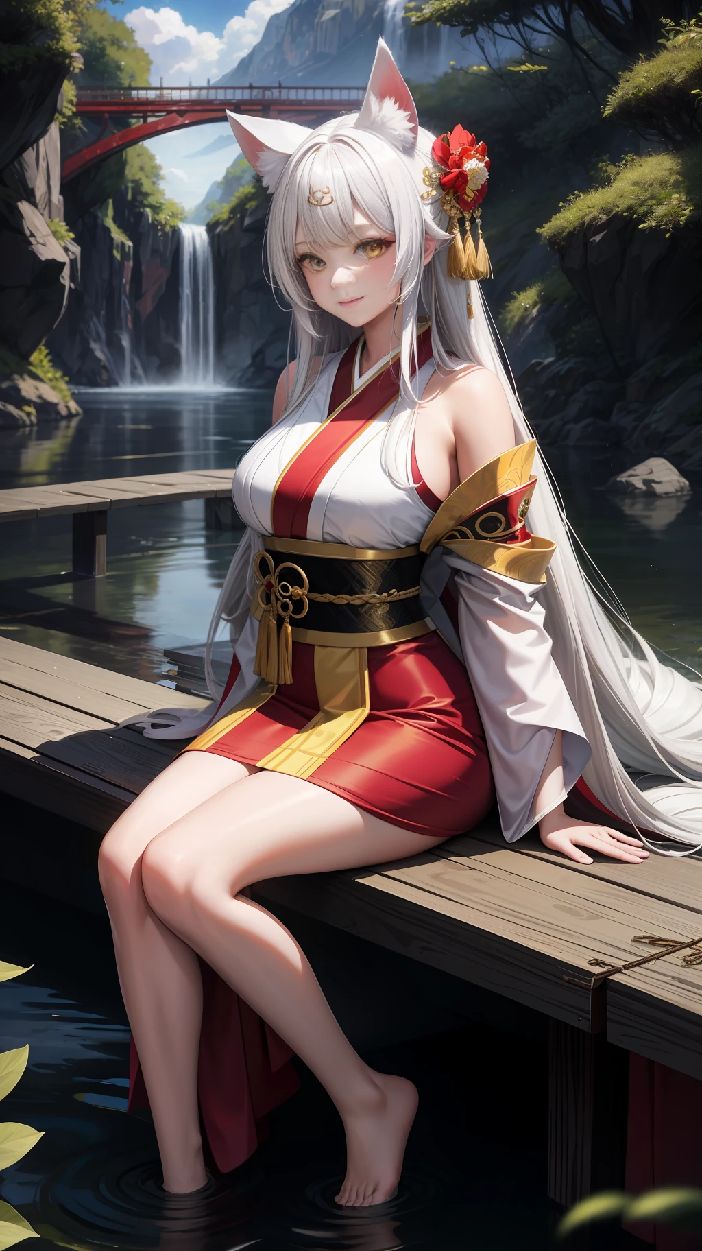 masterpiece, best quality, 1girl, yellow eyes, long hair, white hair, sitting, red kimono, large breasts, light smile, arms behind back, nature, hair ornament, animal ears, bridge, water