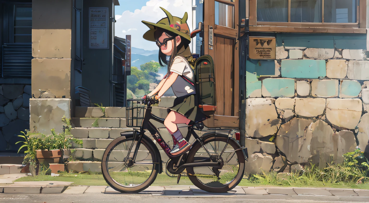 Five year old girl wearing Bull Demon King helmet, carrying olive green backpack, denim strap skirt, black-framed glasses, triple view, full body lens, front view, side view, rear view, Pux style-ar 16:9 --auto --s2
