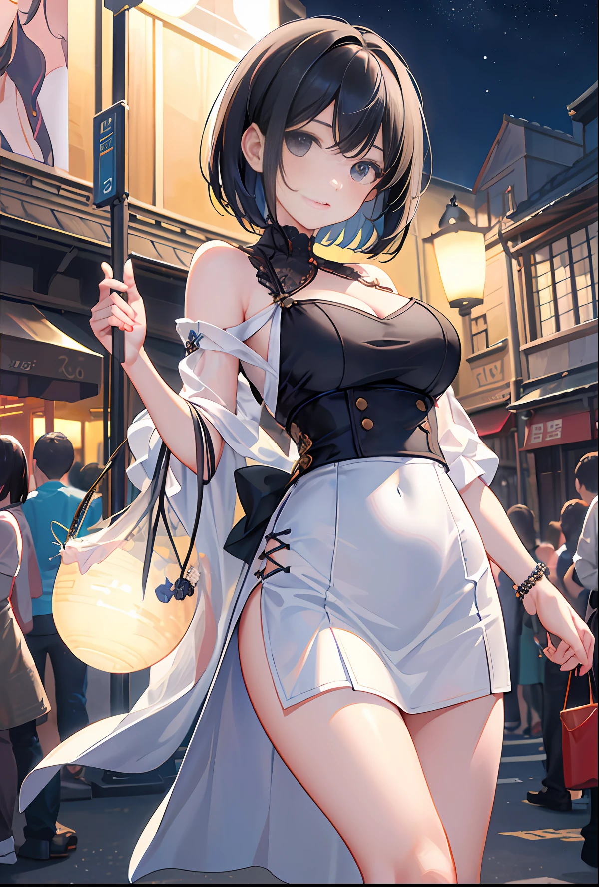 (halfbody shot,street lamps,moon),Masterpiece, 1girl, solo exhibition, beautiful woman on the bustling street, surrounded by hawkers, beautiful goddess girl portrait, beautiful and detailed face, porcelain skin, (((bust shot, center, night, black hair, short hair)), super soft lighting, symmetry, complexity, elegance, high detail, realism, art, concept art,