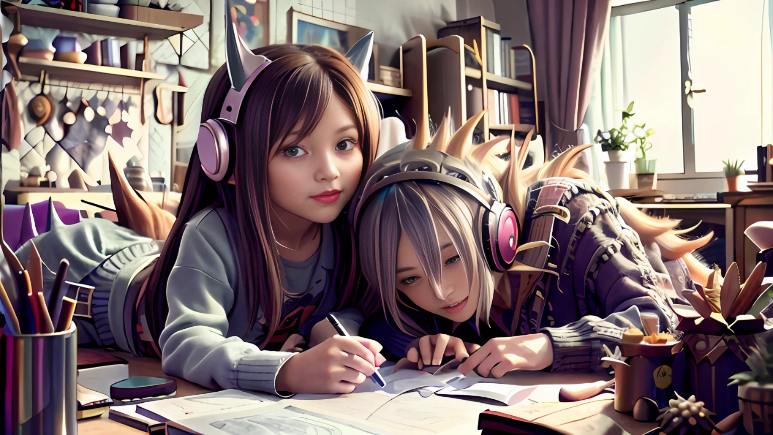 masterpiece, best quality, ultra-detailed, illustration, 2girls, sitting, playful, gaming, messy room, teenage, 15 years old, lighthearted, cozy, relaxed, cheerful, fondness, love, friendship, cute, touching, computer game, controllers, smiles, joy, laughter, comfortable, slippers,ful pajamas, messy hair, tousled, disarray, cluttered, toys, posters, pillows, blankets, lamp, desk, chair, cozy atmosphere, night lighting, bright colors, soft pastels, flowers, plants, books, headphones, snacks, soda, energy drinks, manga, novels, plushies, figurines, posters, pictures, posters, wall scrolls, stickers, decorations, bed, blankets, pillows, stuffed animals, cozy blankets, warm blankets, comfortable clothes, casual attire, leisure wear, sweatshirt, sweatpants, t-shirt, tank top, socks,