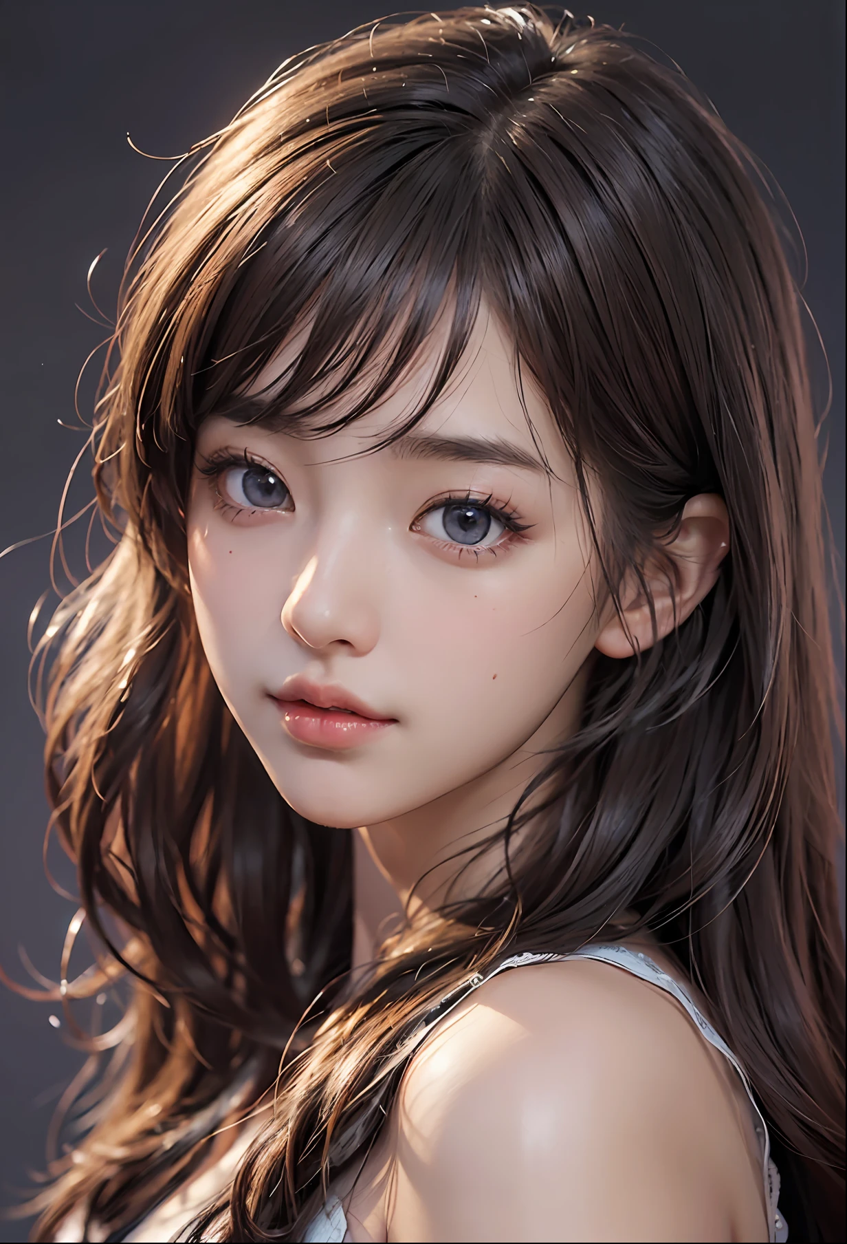 1girl, (realistic:1.4), (pixiv:1.3), perfect illumination, distinct, (bishoujo:1.2), unreal engine, sidelighting, perfect face, detailed face, beautiful eyes, pretty face, (bright skin:1.2), idol, ulzzang-6500-v1.1, soft smile, upper body, dark red hair, (simple background), ((dark background)), (depth of field)