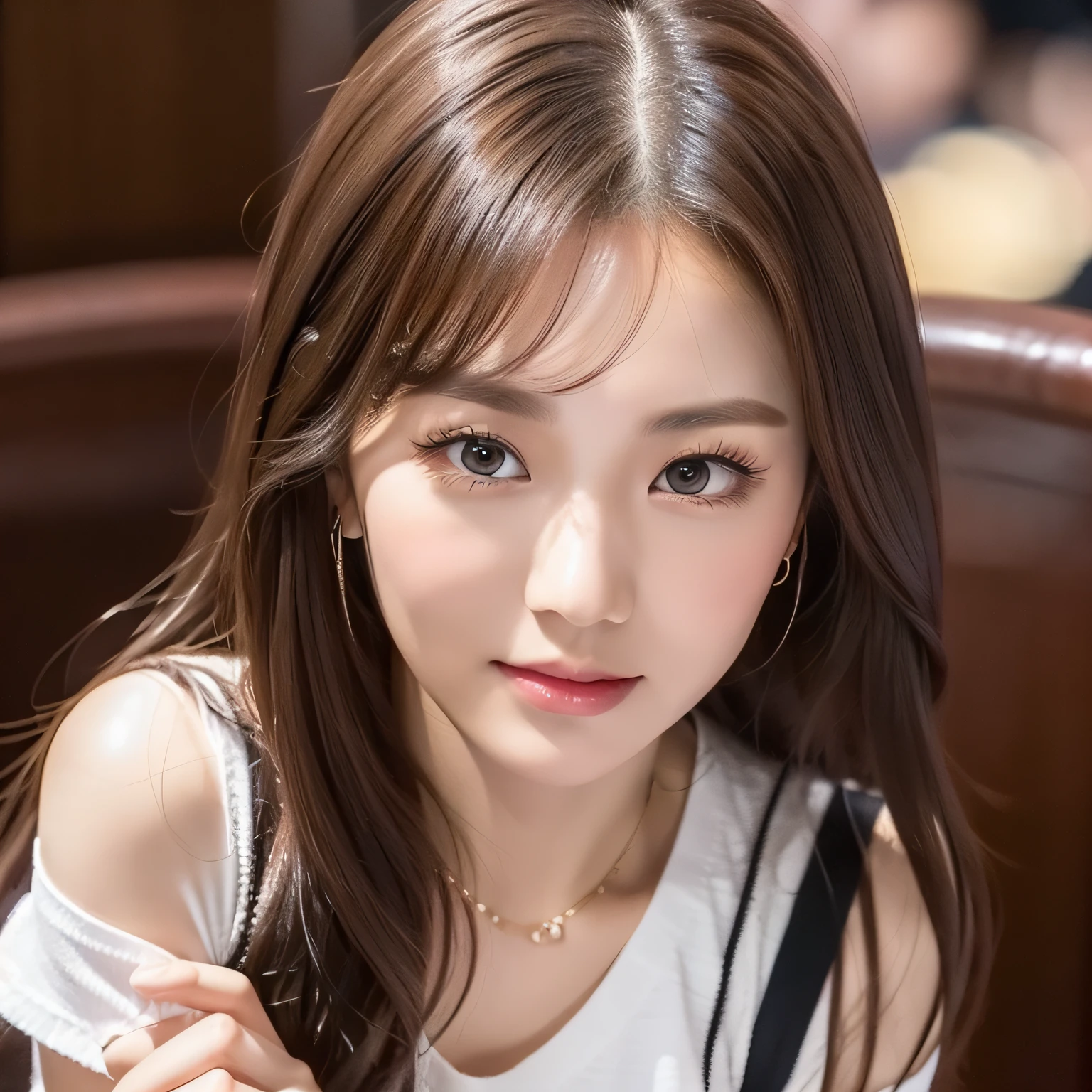 (A Korean girl: 1.5), (a woman), (Best quality, 8k, Masterpiece: 1.3)), Sharp focus: 1.2, Above knee frame, Perfect figure: 1.4, Slim: 1.2, happy expression, smile, short sleeve t-shirt, sleeveless t-shirt, with pleated skirt, with complementary tones, elegant, highly fine face and skin texture, detailed eyes, double eyelids, long eyelashes, fine eyelashes, fine cloth texture