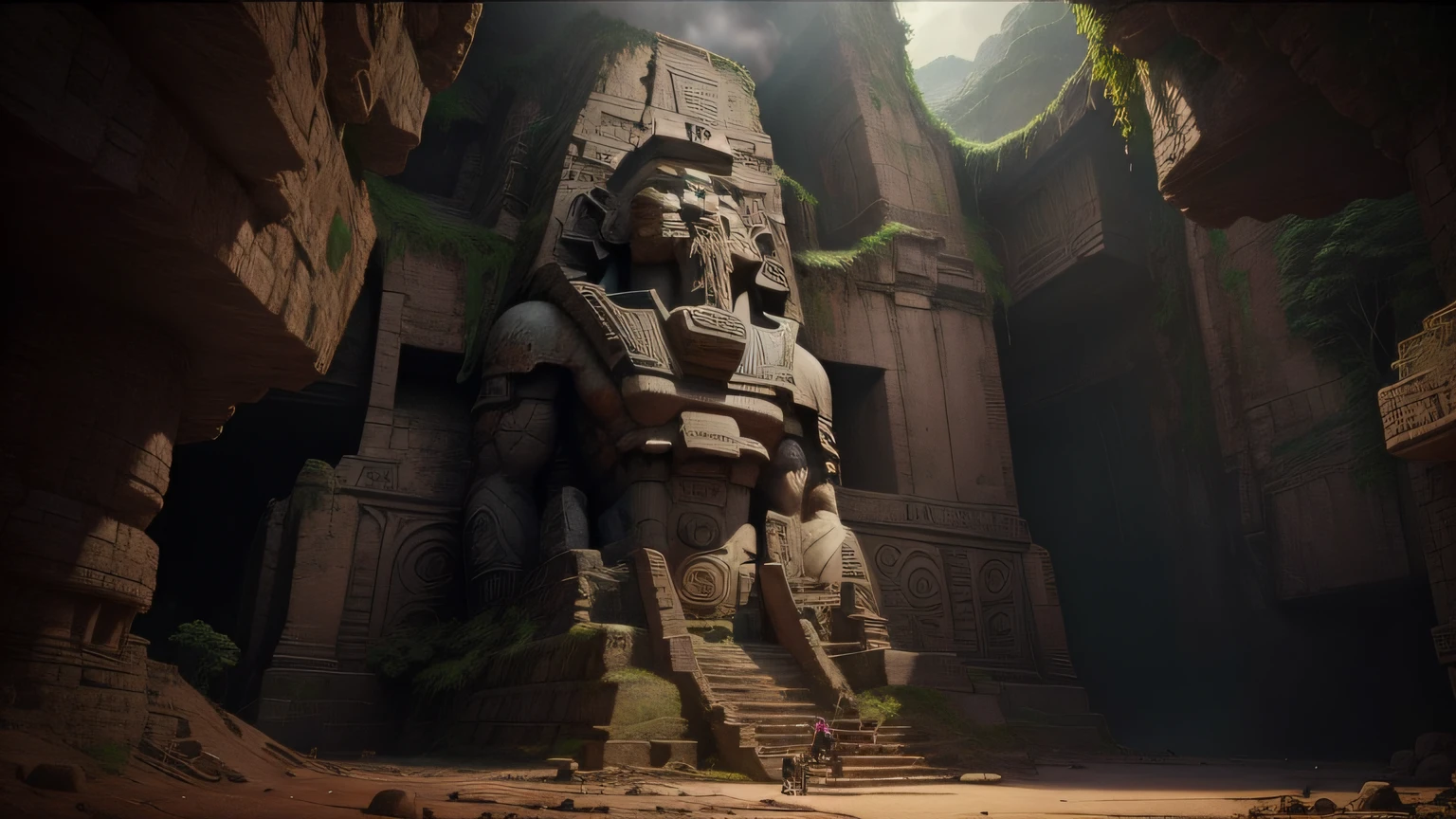 there is a large statue of a man in a cave, big titan creature in the center, mayan temple in the jungle, 3 ds max + vray, ruin, ps 3, anime keyframe, moai, by Yoshiyuki Tomino, 1920s archeologically photo, cinematic cgsociety, the sphinx, myst island, pyramid surrounded with greenery