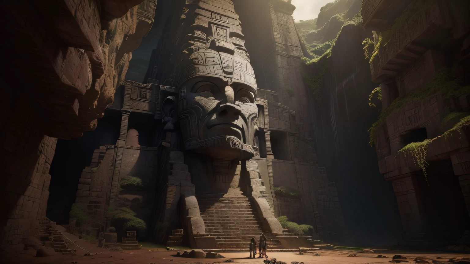 there is a large statue of a man in a cave, big titan creature in the center, mayan temple in the jungle, 3 ds max + vray, ruin, ps 3, anime keyframe, moai, by Yoshiyuki Tomino, 1920s archeologically photo, cinematic cgsociety, the sphinx, myst island, pyramid surrounded with greenery