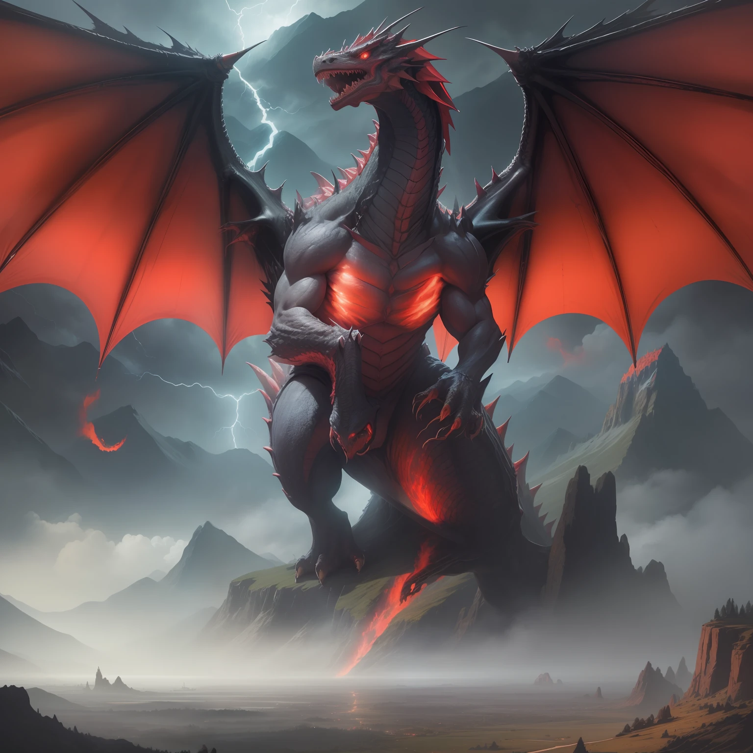 Huge dragon flying in the air, monster, western dragon, red, breathing fire in the mouth, mountains as background, heavy rain weather, lightning, fantasy, big scene, (excellent detail, outstanding lighting, wide angle), (excellent rendering, enough to stand out in its class),