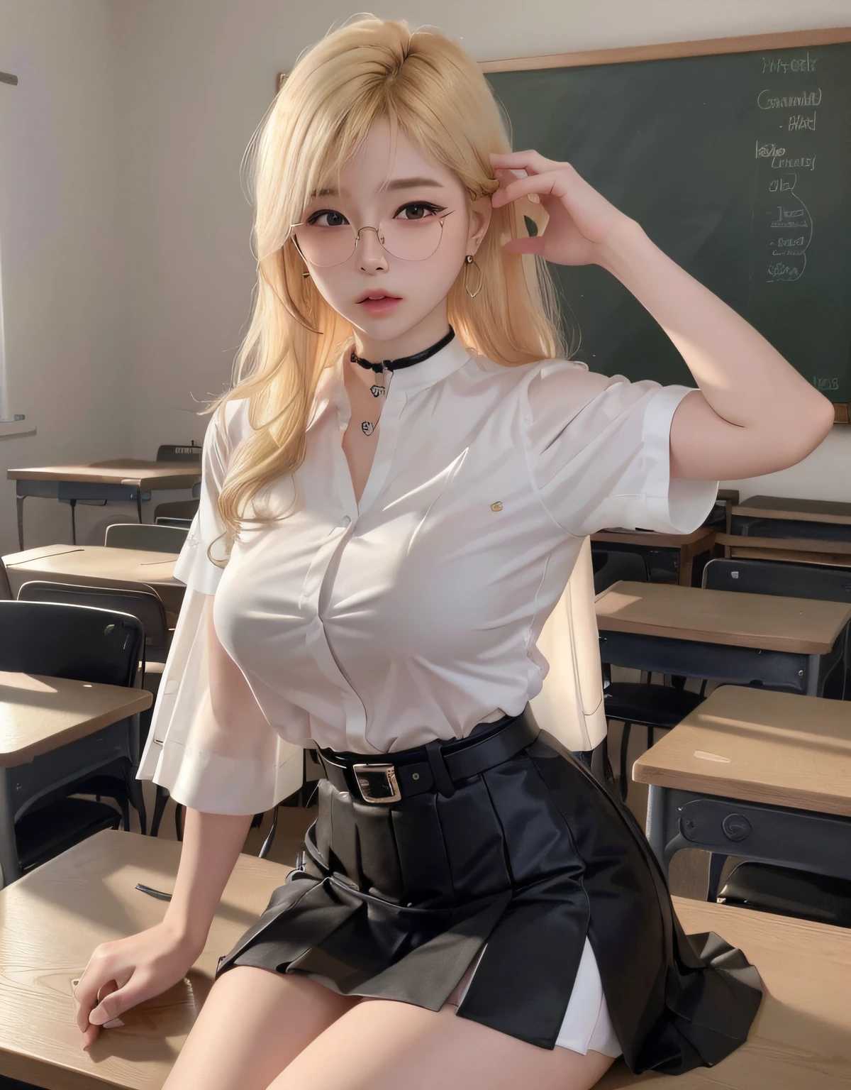 absurdres, 1girl, blush, (realistic:1.5), (masterpiece, Extremely detailed CG unity 8k wallpaper, best quality, highres:1.2), (ultra_detailed, UHD:1.2), perfect illumination, distinct, (1girl:1.4), looking at viewer, unreal engine, sidelighting, perfect face, detailed face, perfect body, beautiful eyes, pretty face, (bright skin:1.4), idol, (abs), ulzzang-6500-v1.1,,((narrow waist)),((blonde hair)),MAHALAIUNIFORM,(((WHITE SHIRT SHORT SLEEVES))),((BLACK polished PENCIL SKIRT)),((BLACK PLEATED SKIRT)),((in the classroom)),(choker),((white shirt short sleeves )),((black pencil skirt)),(belt),(Full body:1.4),bangs,((glasses)),sharp eyes,peck the corners of the mouth,silver earrings,silver wrist watch,((medium breast)),((sitting on the table)),hands in hair