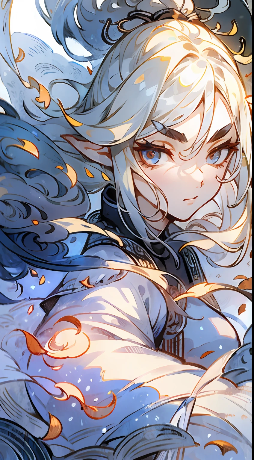 Flowing ink painting style, dragon girl, super clear face close-up, magnificent epic scene, delicate face, clear eyebrows and eyes, phoenix eyes, flying hair, fair skin, transparent white yarn, wearing white clothes, POV view, flowing sleeves, fluorescent black, dynamic flame background, blank leave, huge Chinese blade attack viewer