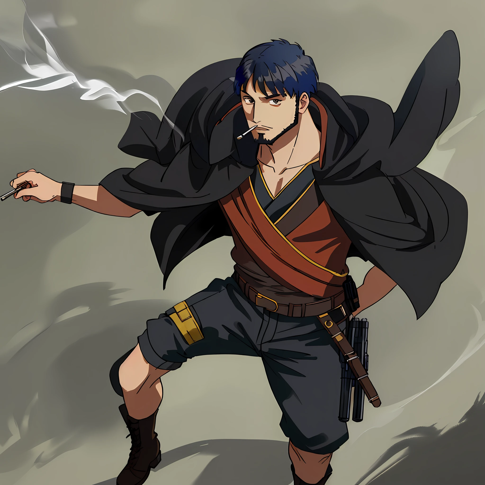 1man, (((((((((solo))))))))), combat vest, black pants, combat boots, cloak, short beard, well-built, ((black hair)), brown eyes, ((smoking)), portrait shot, (((((masterpiece))))), (((best quality)))