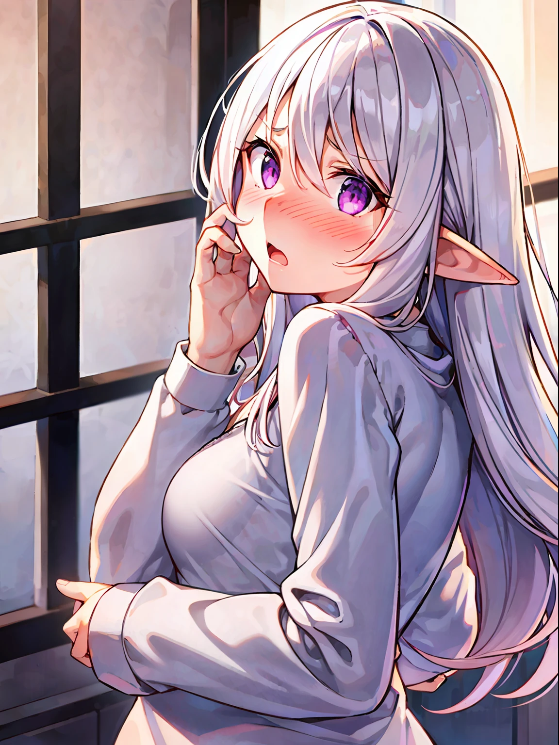 1girl, ((medium-small breasts)), standing, (((surprised))), ((open mouth)), ((full-face blush)), (thin eyebrows:-1), ((straight hair)), (hair intakes:1), white hair, (very long hair), purple eyes, (pointy ears), ((underwear)), bedroom, modern, looking at the viewer, (((from behind))), close-up, masterpiece,