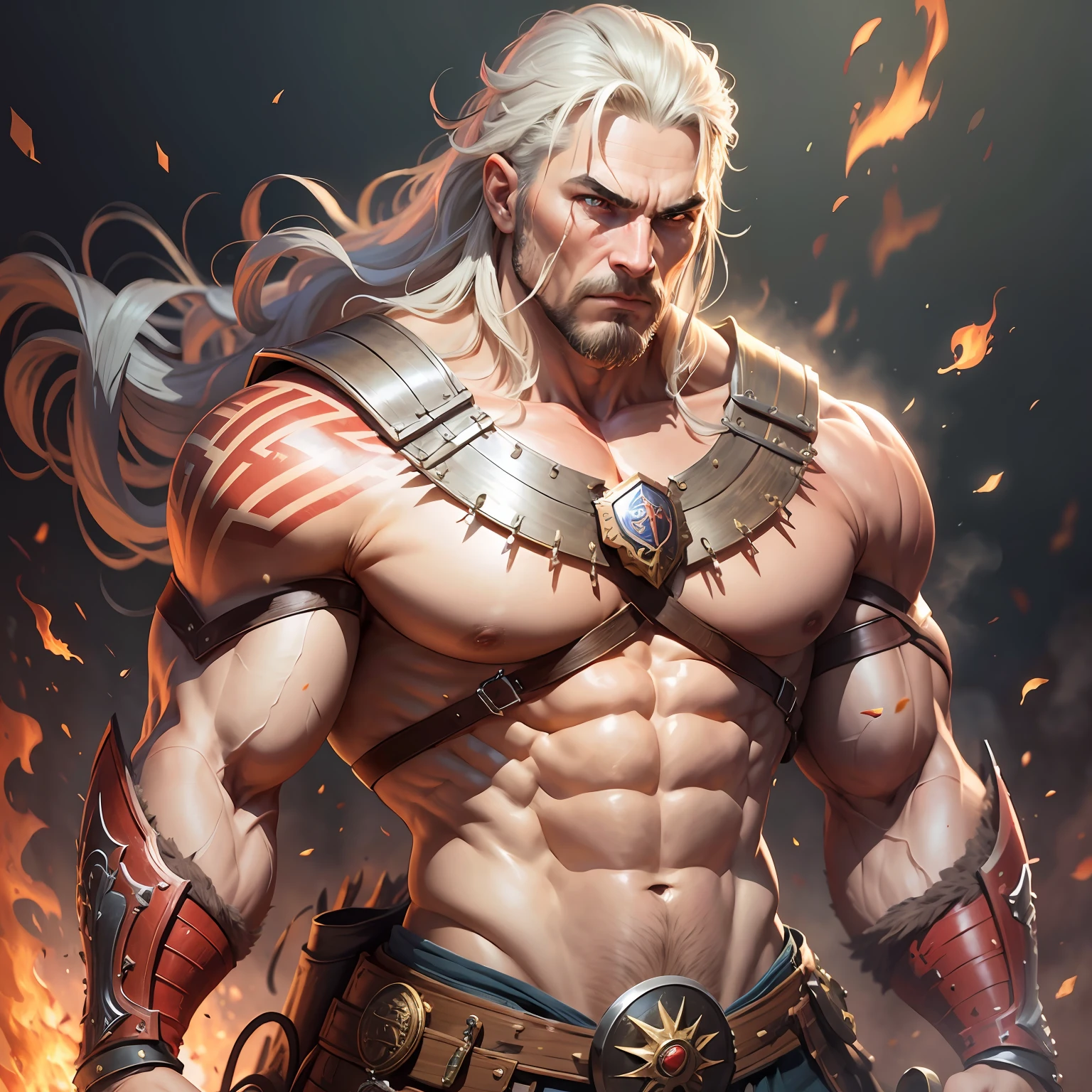 Very muscular warrior with defined abdomen, no armor ready to go to war on his fire horse (realistic) (high quality) (high resolution) (precision) --auto --s2