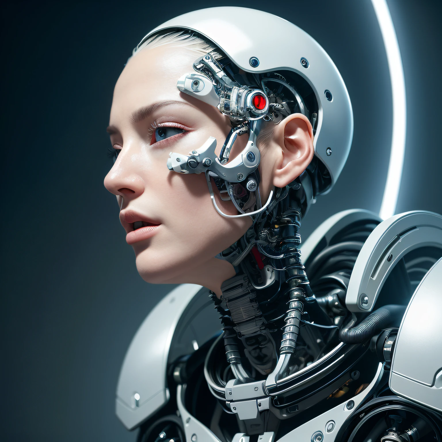 complex 3d render ultra detailed of a beautiful porcelain profile woman android face, cyborg, , full body,robotic parts, 70 mm, beautiful studio soft light, rim light, vibrant details, luxurious cyberpunk, lace, hyperrealistic, anatomical, facial muscles, cable electric wires, microchip, elegant, beautiful background, octane render, H. R. Giger style, 8k, best quality, masterpiece, illustration, an extremely delicate and beautiful, extremely detailed ,CG ,unity ,wallpaper, (realistic, photo-realistic:1.37),Amazing, finely detail, masterpiece,best quality,official art, extremely detailed CG unity 8k wallpaper, absurdres, incredibly absurdres, robot, silver halmet, sitting.,