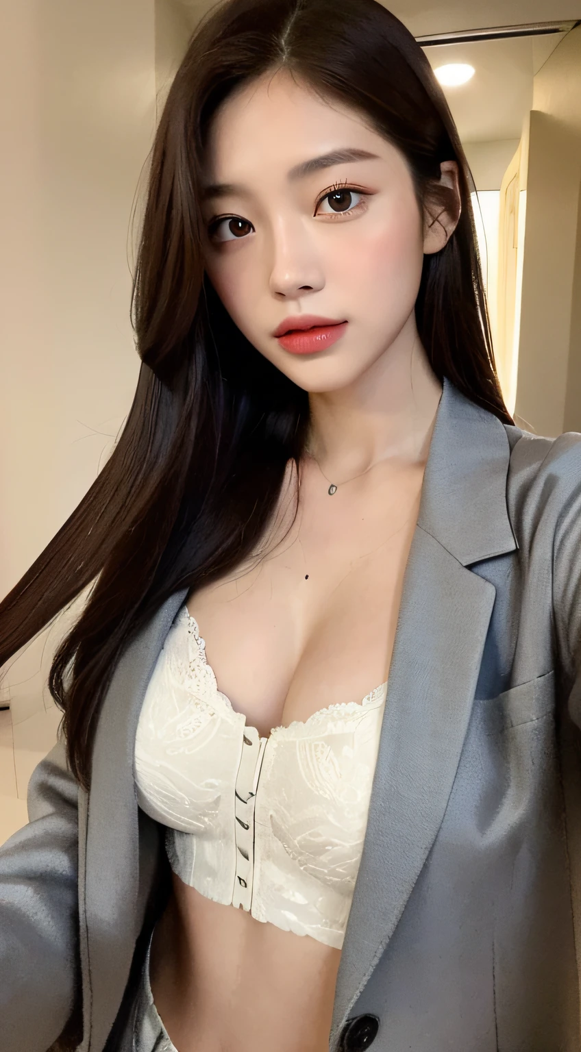 ((Midnight, Acura, 8K, Masterpiece: 1.3)), Full body, Long legs, Focal length: 1.2, Perfect Body Beauty: 1.4, Slim Abs: 1.1, ((Dark Brown Hair, Big Breasts: 1.2 )), (Fragrant Jacket Women's Short Spring Temperament Celebrity Slim Sense of Premium, Standing: 1.2), ((Selfie Don't Leak Out of Mobile: 1.6)), Highly detailed face and skin texture, Fine eyes, Double eyelids