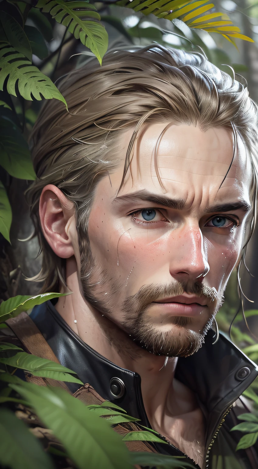 ((best quality), (masterpiece), (detailed)) Intense scene of an explorer named John White on a frantic search of the island. The image depicts artistic realism inspired by the style of artist John White. The composition captures John White's determined expression as he traverses the rugged terrain, searching for clues amid lush vegetation. Accurate lighting highlights every detail of your sweaty, focused face. The realistic color palette faithfully reproduces the nuances of the natural environment around you. Through this perspective, the camera is positioned behind John White, following his journey, conveying a sense of urgency and immersion in the frantic quest.
