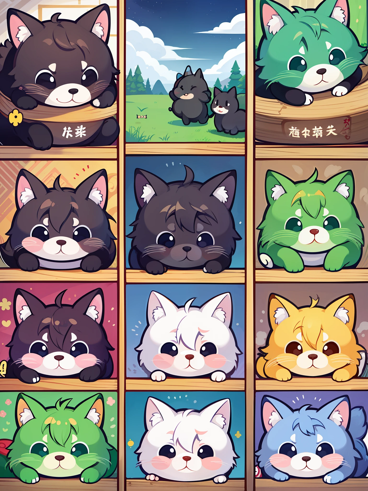there are many different animals and words written in chinese, hand painted cartoon art style, art cover, kawaii cutest sticker ever, sticker illustration, by Shiba Kōkan, by Kōno Michisei, cute features, 中 元 节, by Gusukuma Seihō, stickers illustrations, cute characters