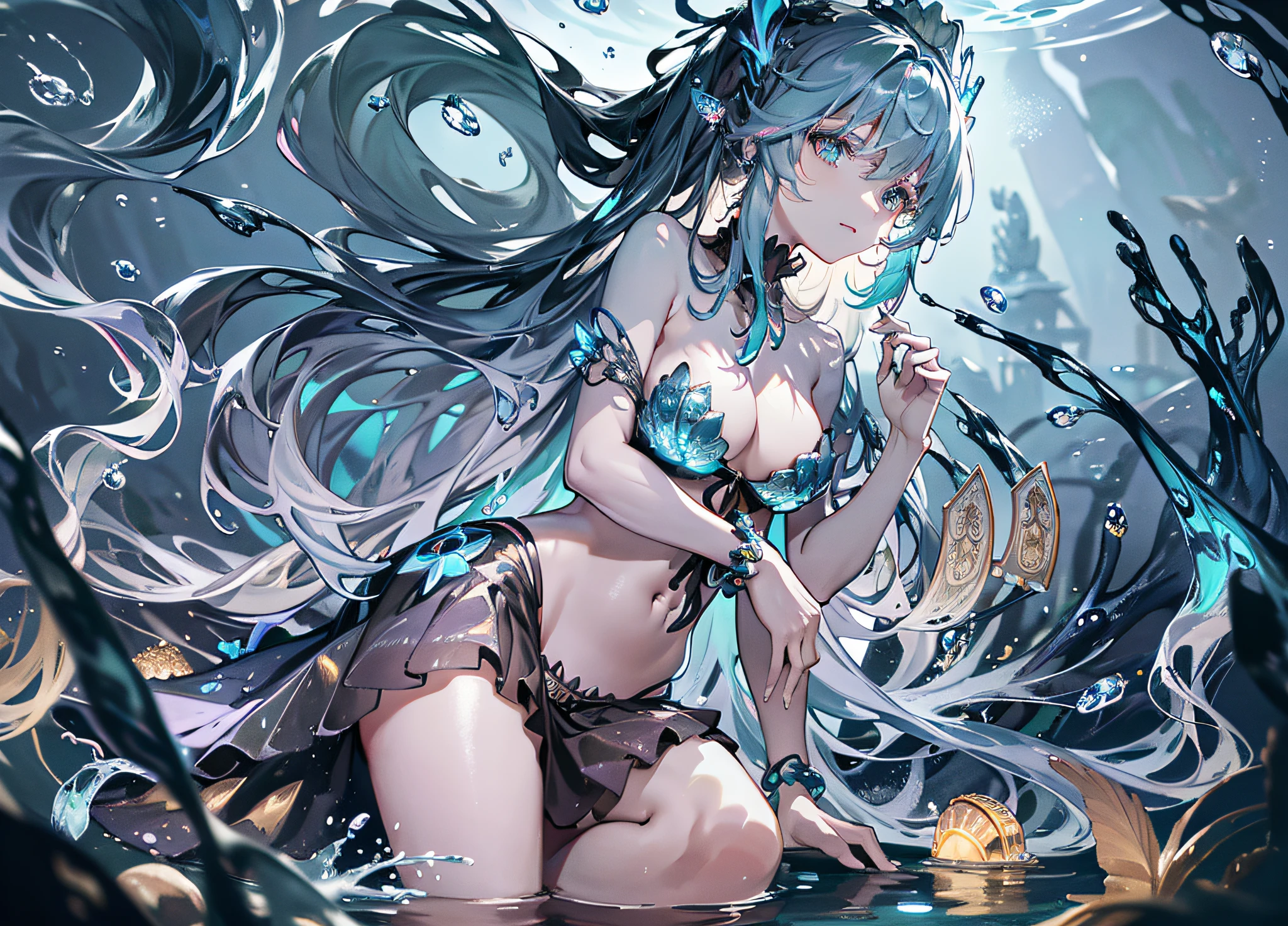 masterpiece, best quality, Alphonse Mucha, art nouveau, (tarot card style:1.3), tarot framework with deep-sea motifs, (dark shot:1.2), blue theme, dark and glowing, 1girl, grey brond hair, absurdly long hair, ponytail, upper body, from side, looking at viewer, underwater flowers, In the enigmatic depths of the ocean, a luminescent princess adorned with seashell and scale-inspired attire, among bioluminescent creatures, ancient underwater ruins, and vibrant coral reefs, where darkness and light coalesce to reveal the secrets of the deep, Deep-sea creatures such as jellyfish, anglerfish, coelacanths, manta rays, an underwater princess character with fish scale and seashell-inspired dresses and accessories, colorful coral reefs and seagrass, gems and seashells, bioluminescent and fluorescent phenomena, bubble motifs, underwater architecture like ancient ruins or underwater castles, water currents and ripples, contrast between deep-sea darkness and emitted light, cinematic lighting, dynamic lighting, intricate details, hyper realistic lifelike 3d,