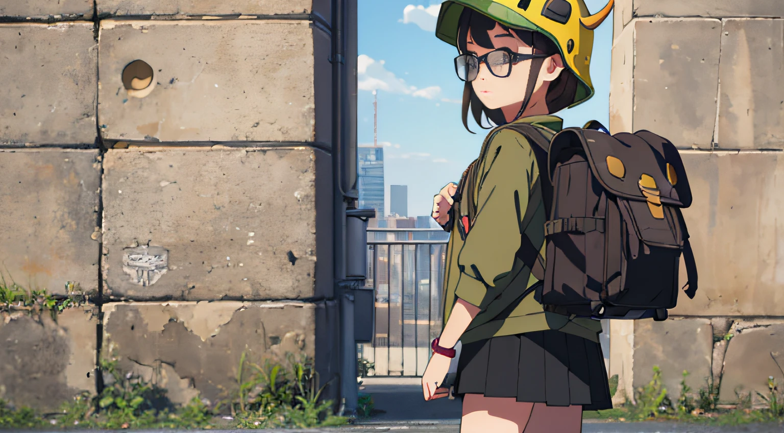 girl wearing Bull Demon King helmet, carrying olive green backpack, denim strap skirt, black-framed glasses, triple view, full body lens, front view, side view, rear view, Pux style-ar 16:9 --auto --s2