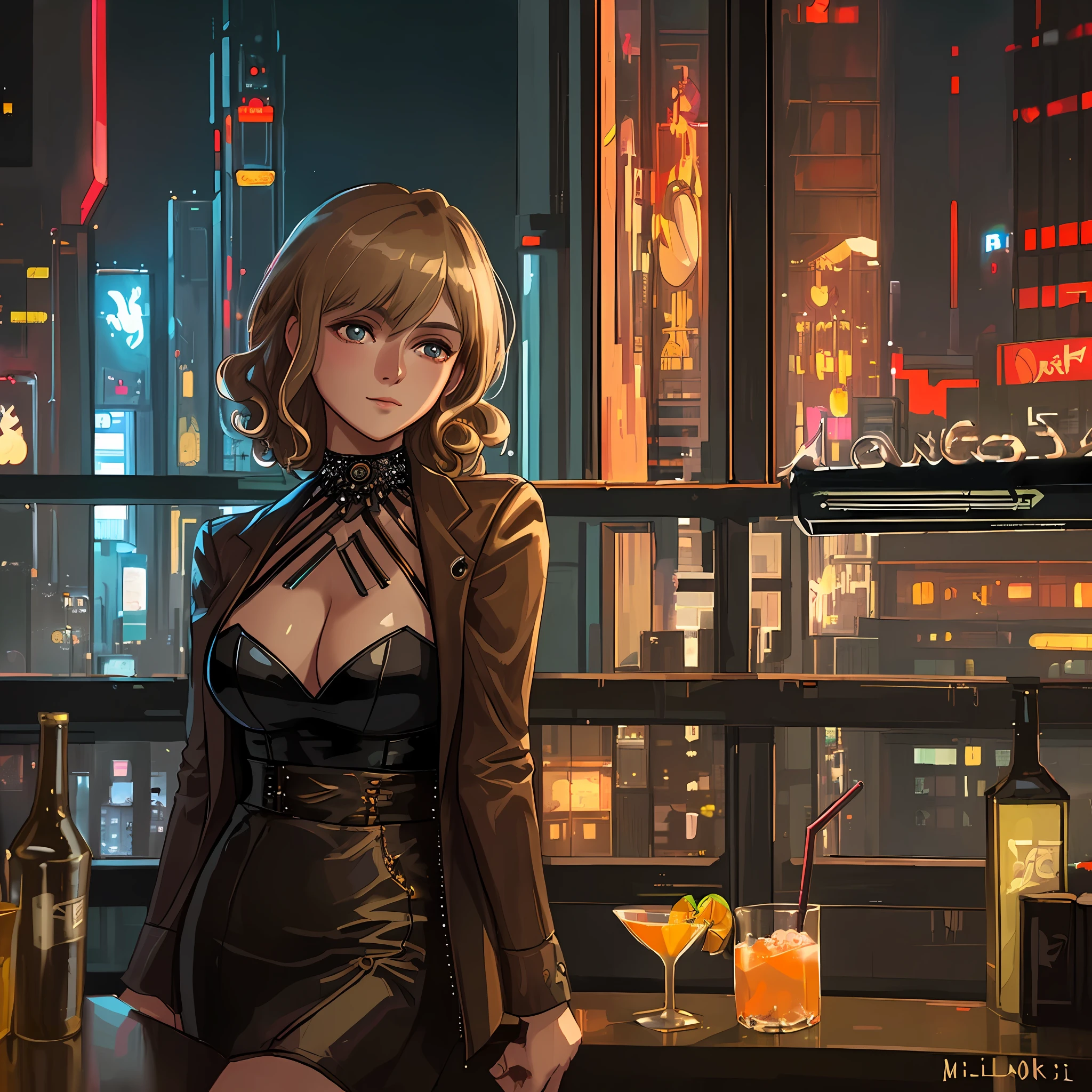((masterpiece)),((best quality)),((high detail)),((realistic,)), Cyberpunk, architecture, nightclub, ballad, people toasting, drinks, party, perfect hands holding drink, delicate hand, detailed hand, 1girl, short curly hair, dark blonde, light brown eye