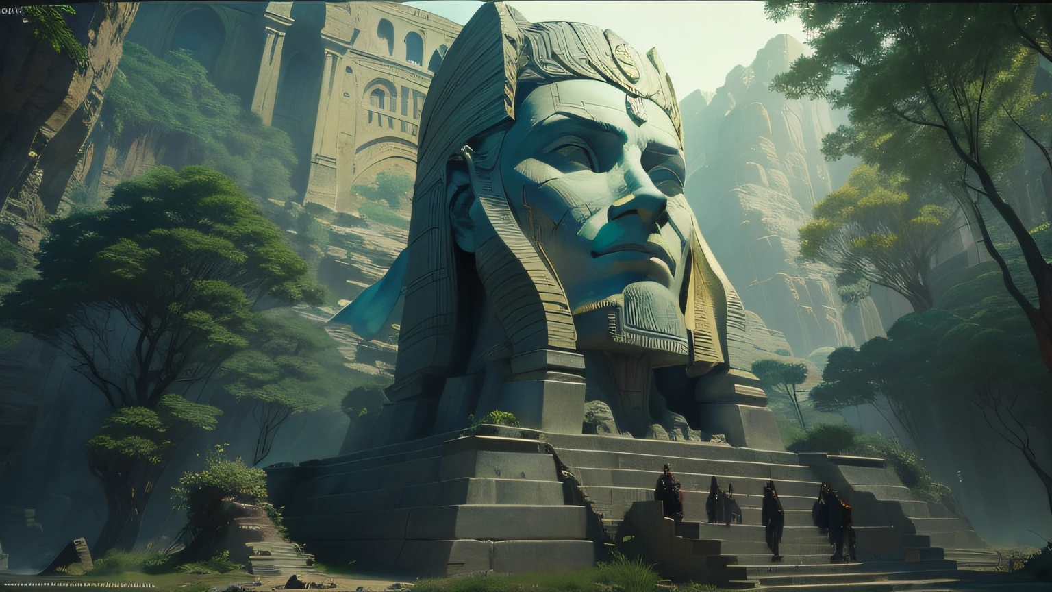 arafed statue of a man standing in a narrow cave, denis villeneuve cinematography, sphinx in distance, syndicate(2012), still from a music video, emperor secret society, by Youssef Howayek, detailed terrain texture, shot on imax, blocktober, tombs