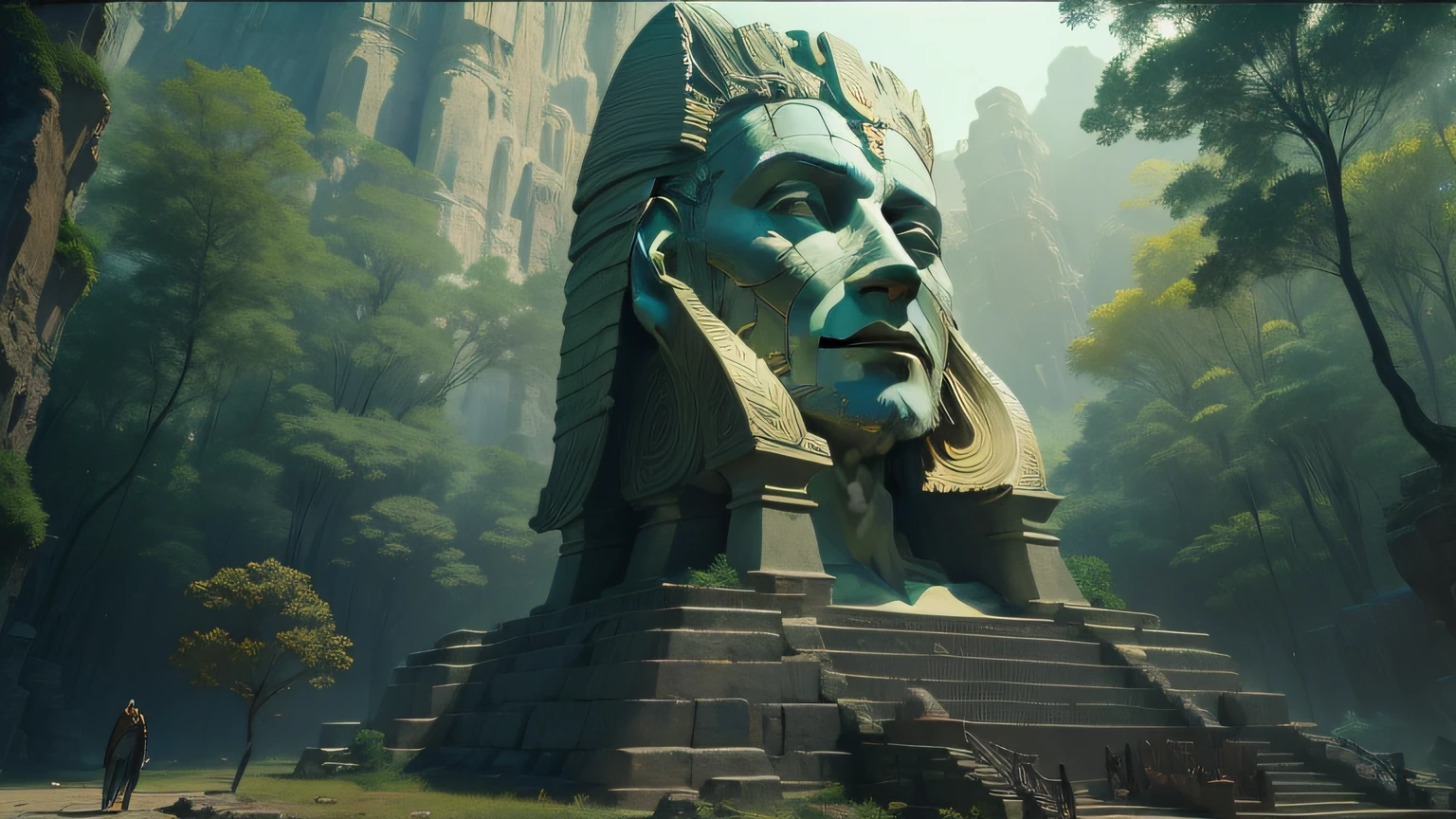 arafed statue of a man standing in a narrow cave, denis villeneuve cinematography, sphinx in distance, syndicate(2012), still from a music video, emperor secret society, by Youssef Howayek, detailed terrain texture, shot on imax, blocktober, tombs