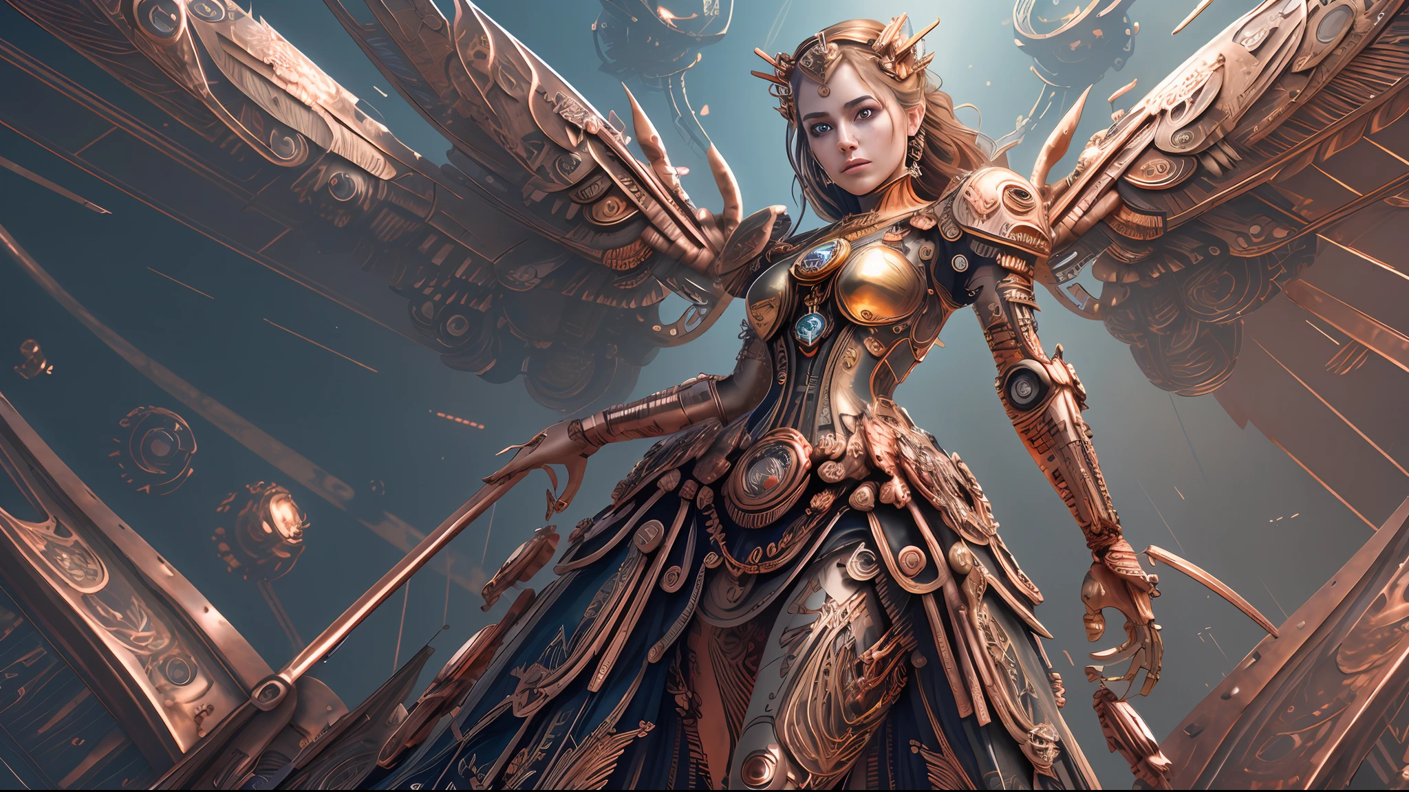 (masterpiece, best quality, absurdres:1.4), (highly detailed CG illustration), cinematic light, (official art:2.0), 1girl, upper body, mechanical wings, (by Dave Seeley:1.7), (Maximalism:2), (complicated background, complicated decorations, complicated dress, gold decorations, copper decorations:2), (red blood eyes, crying, tears:1.4), (eye mask:1.2), (extreme detailed:1.5),(fractal art:1.7),highest detailed, clockpunk, steampunk, gears, cubism, mechanical, dynamic pose,( implants:1.5)