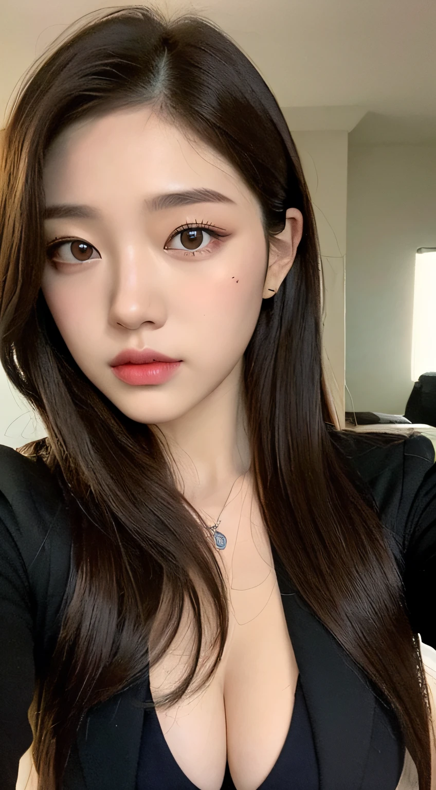 ((Midnight, Acura, 8K, Masterpiece: 1.3)), Full body, Long legs, Focal length: 1.2, Perfect Body Beauty: 1.4, Slim Abs: 1.1, ((Dark Brown Hair, Big Breasts: 1.2 )), (High Fashion Vintage Blazer Woman, Standing: 1.2), ((Selfie Don't Leak Out of Mobile: 1.6)), Highly detailed face and skin texture, Detailed eyes, Double eyelids