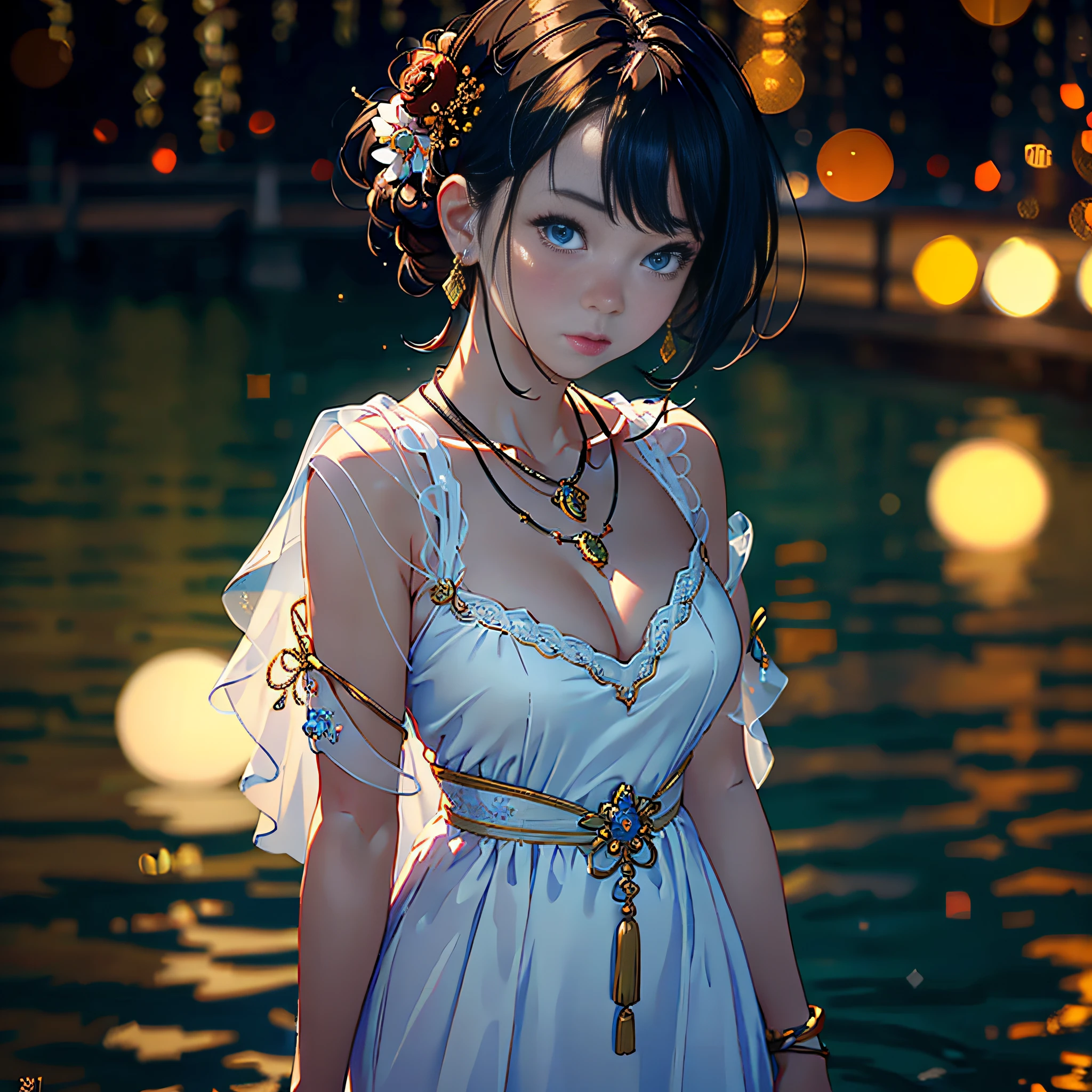 best quality, masterpiece, highres, 1girl,china dress,hair ornament,necklace, jewelry,Beautiful face,upon_body, tyndall effect,photorealistic, beside river, rim lighting, two tone lighting,(high detailed skin:1.2), 8k uhd, dslr, soft lighting, high quality, volumetric lighting, candid, Photograph, high resolution, 4k, 8k, Bokeh