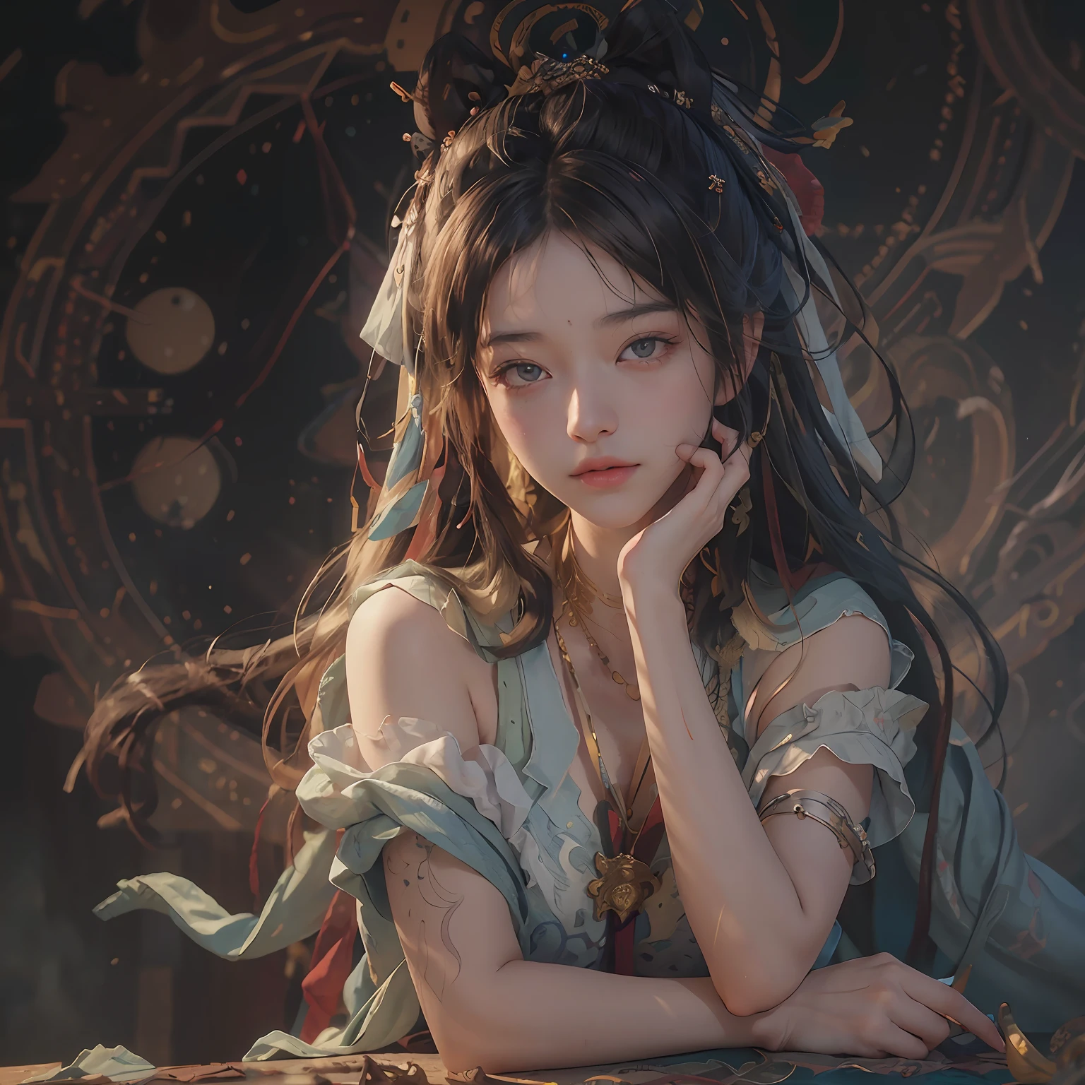 (RAW photo, best quality), (realistic, photo-realistic:1.3),best quality,highly detailed,masterpiece,ultra-detailed,illustration,1girl,upper_body,dynamic angle,world masterpiece theater,messy_long_hair,best quality,extremely detailed CG unity 8k wallpaper,ink,Amazing,cinematic lighting,lens_flare, dunhuang_style