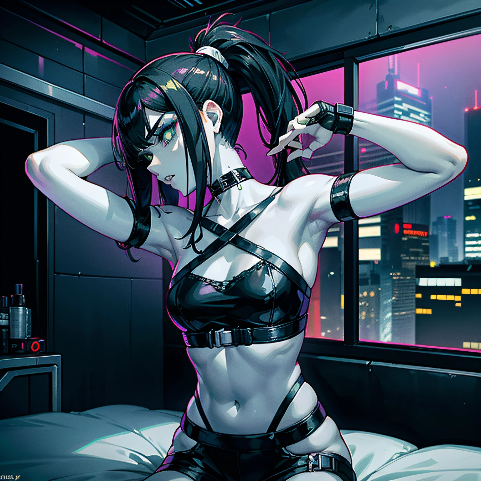 The female protagonist of a cyberpunk game, (green eyes, white skin, black hair with ponytail, choker, small breasts, slim, makeup, Eyeliner, gloss) , Black tech armor, restraint, arms tied up in bed, armpit, shibari, handcuffed, high detailed Future city at night in the back
