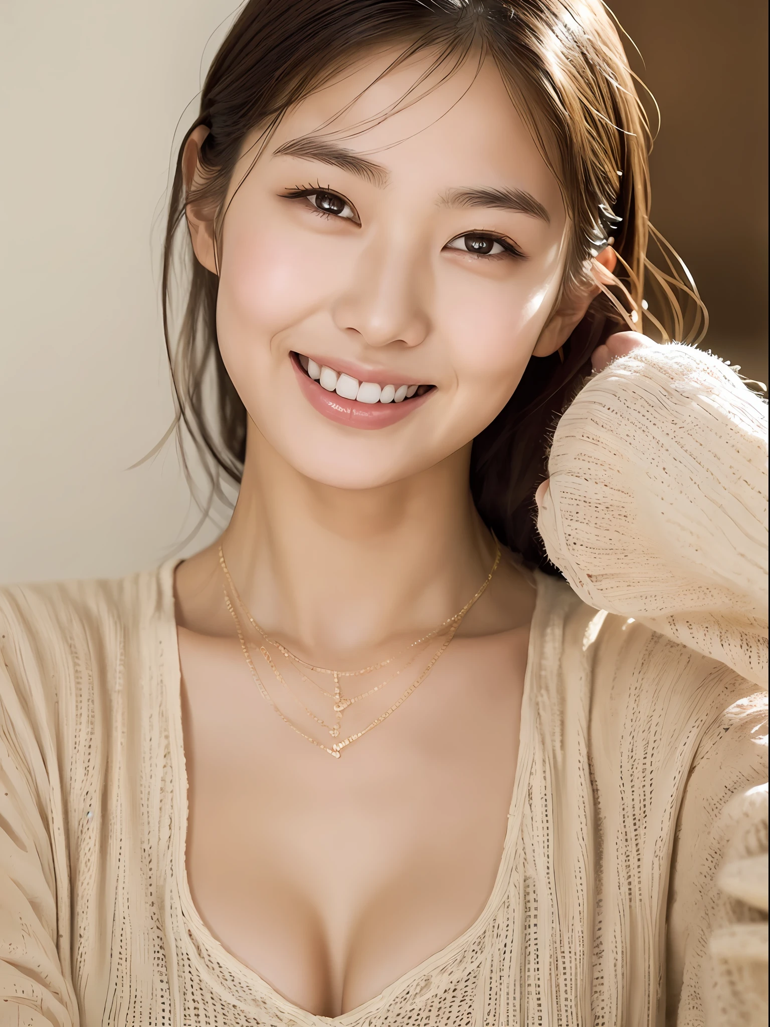 18 year old girl with perfect face and big breasts, café, hands close to face, smiling, cute one-piece dress, slim and slender physique. The skin has detailed and highly detailed eyes (1.1 emphasis), very detailed skin texture (1.1 emphasis). slender necklace, model photo style, photorealistic,
Skin texture is actual human skin texture, detailed skin pores, intricate details, eyes are very detailed,
