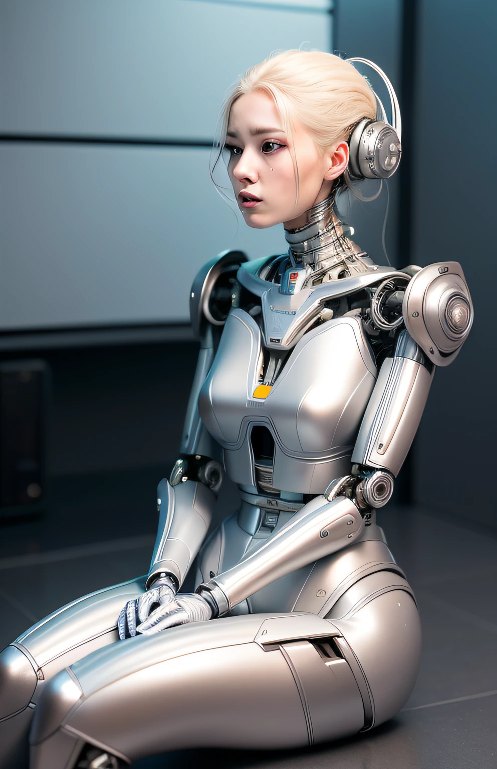 complex 3d render ultra detailed of a beautiful porcelain profile woman android face, cyborg, robotic parts, 150 mm, beautiful studio soft light, rim light, vibrant details, luxurious cyberpunk, lace, hyperrealistic, anatomical, facial muscles, cable electric wires, microchip, elegant, beautiful background, octane render, H. R. Giger style, 8k, best quality, masterpiece, illustration, an extremely delicate and beautiful, extremely detailed ,CG ,unity ,wallpaper, (realistic, photo-realistic:1.37),Amazing, finely detail, masterpiece,best quality,official art, extremely detailed CG unity 8k wallpaper, absurdres, incredibly absurdres, , robot, silver halmet, full body, sitting
