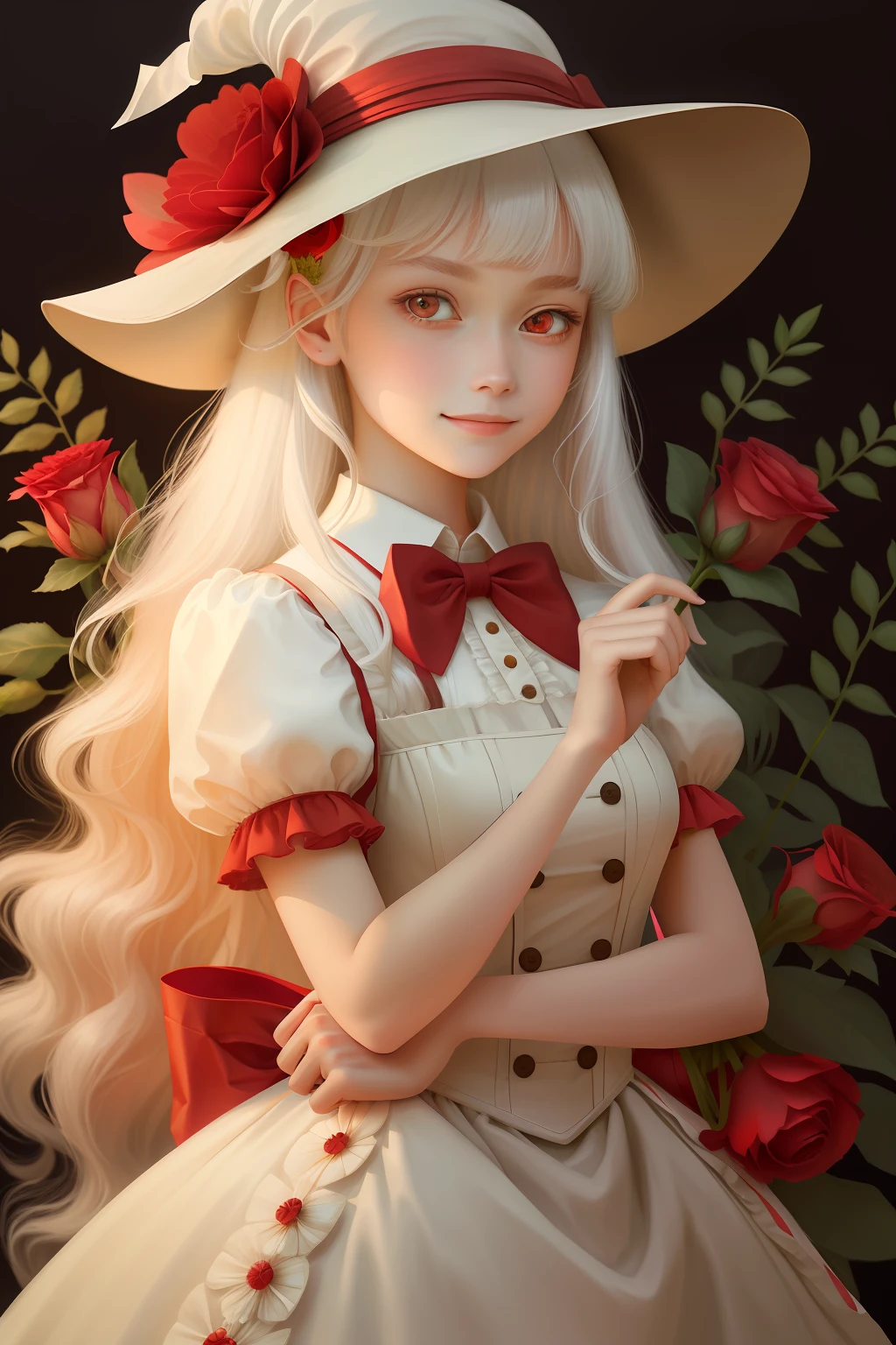 masterpiece, best quality, 1girl, solo, long_hair, looking_at_viewer, white hair, red eyes, smile, bangs, skirt, shirt, long_sleeves, hat, dress, bow, holding, closed_mouth, flower, frills, hair_flower, petals, bouquet, holding_flower, center_frills, bonnet, holding_bouquet,