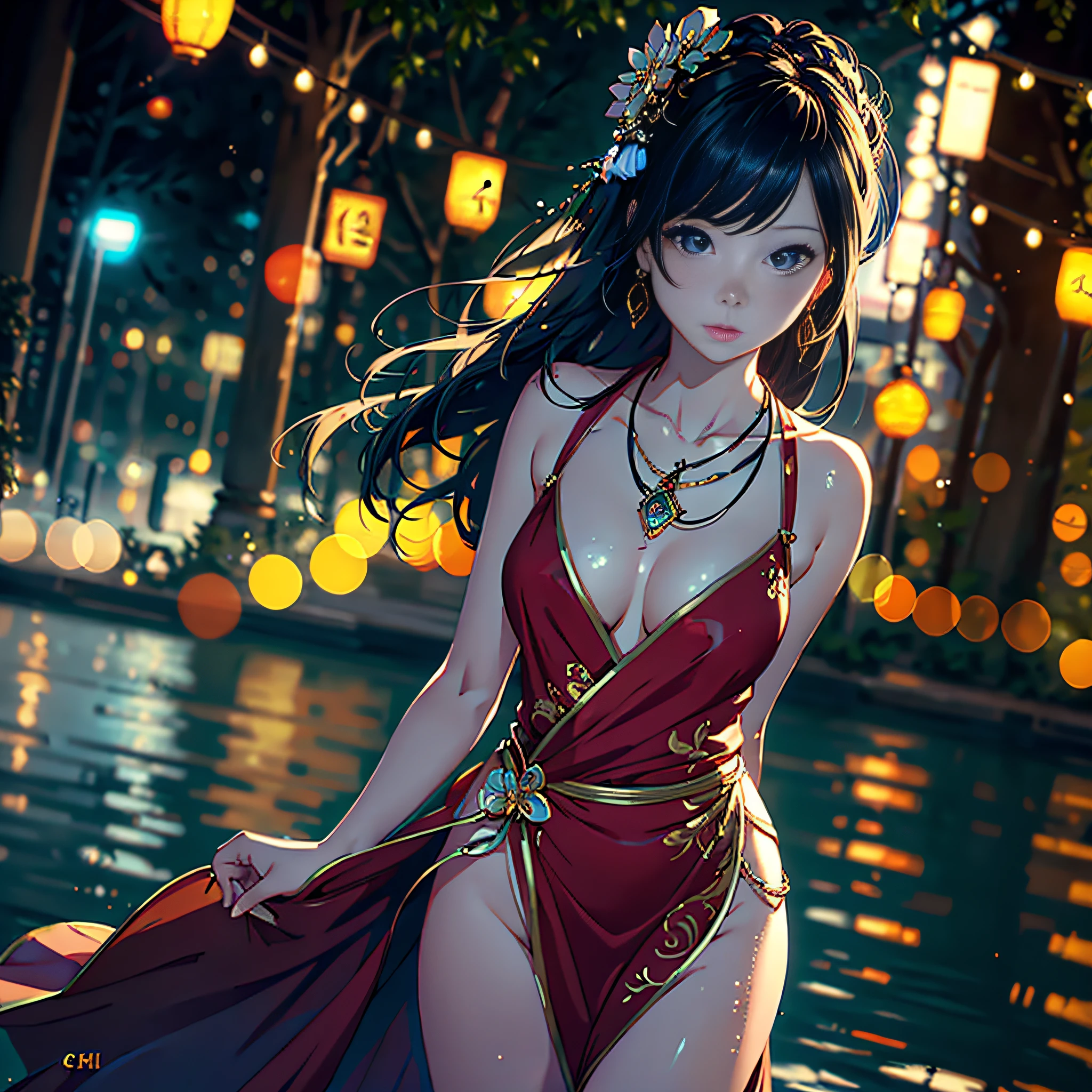 best quality, masterpiece, highres, 1girl,china dress,hair ornament,necklace, jewelry,Beautiful face,upon_body, tyndall effect,photorealistic, beside river, rim lighting, two tone lighting,(high detailed skin:1.2), 8k uhd, dslr, soft lighting, high quality, volumetric lighting, candid, Photograph, high resolution, 4k, 8k, Bokeh