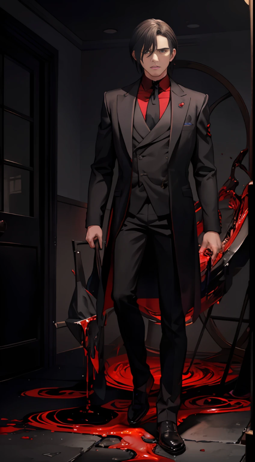 It was a man, bare-backed, doing something to a corpse, his face turning to look at the audience with a fierce glare, and a red liquid flowing on the ground. The surroundings of the room were pitch black and nothing could be seen.