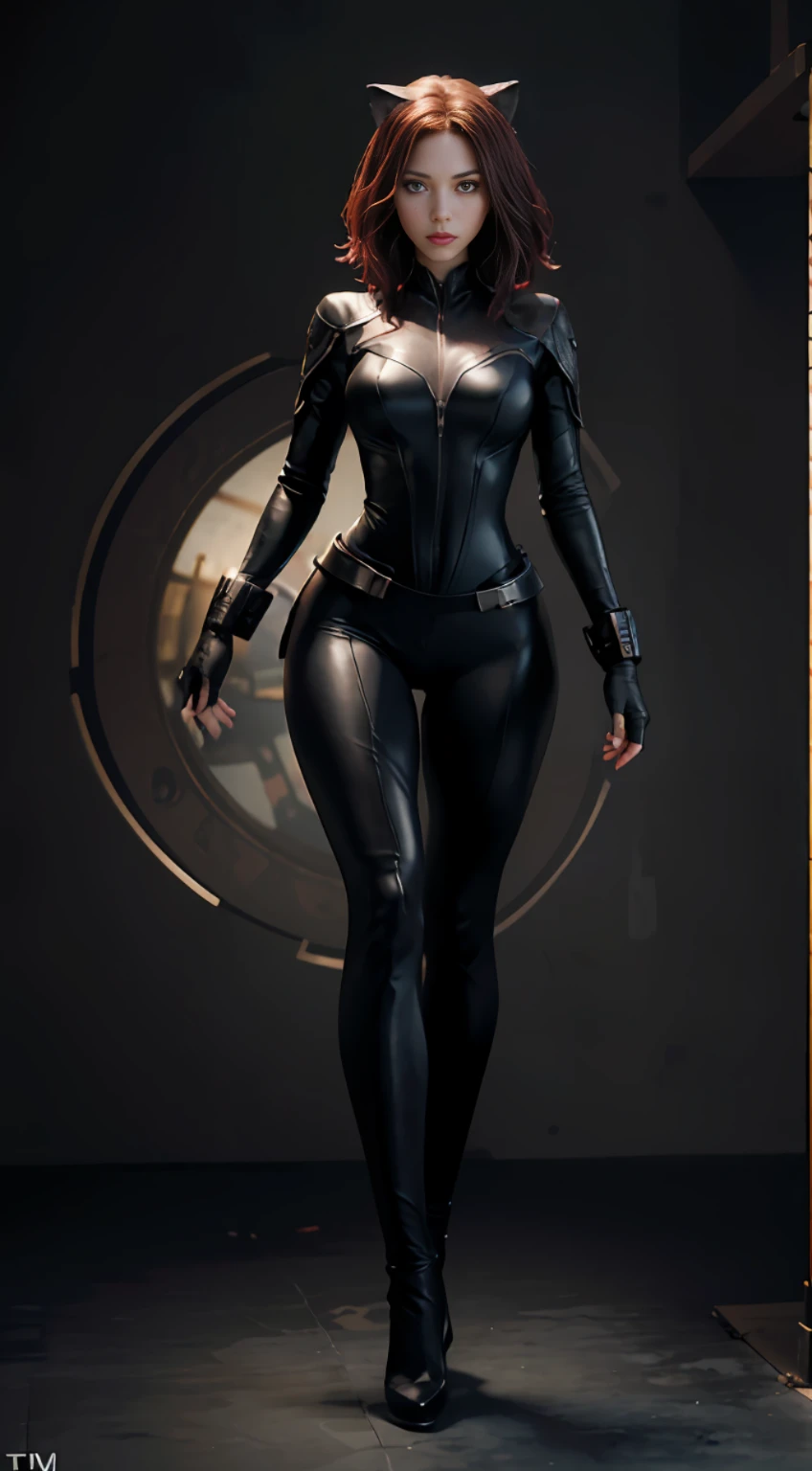 Full body front view visible on feet: 1.5, headlights: 1.5, a standing character: 1.2, highly creative illustration depicting a hybrid of DC Horn Girl and Marvel character Black Widow, black metal cat ears, holding black leather whip, white background, illustration, in artgerm style, highly detailed suit, red and black, symmetrical asymmetry, heavy shadow, slim waist, thin legs, thin gap, cameltoe, jan weenix, (((ultra-detailed)), (((best quality))), (((Masterpiece)), High resolution, 8K, Anatomically correct, Ultra HD