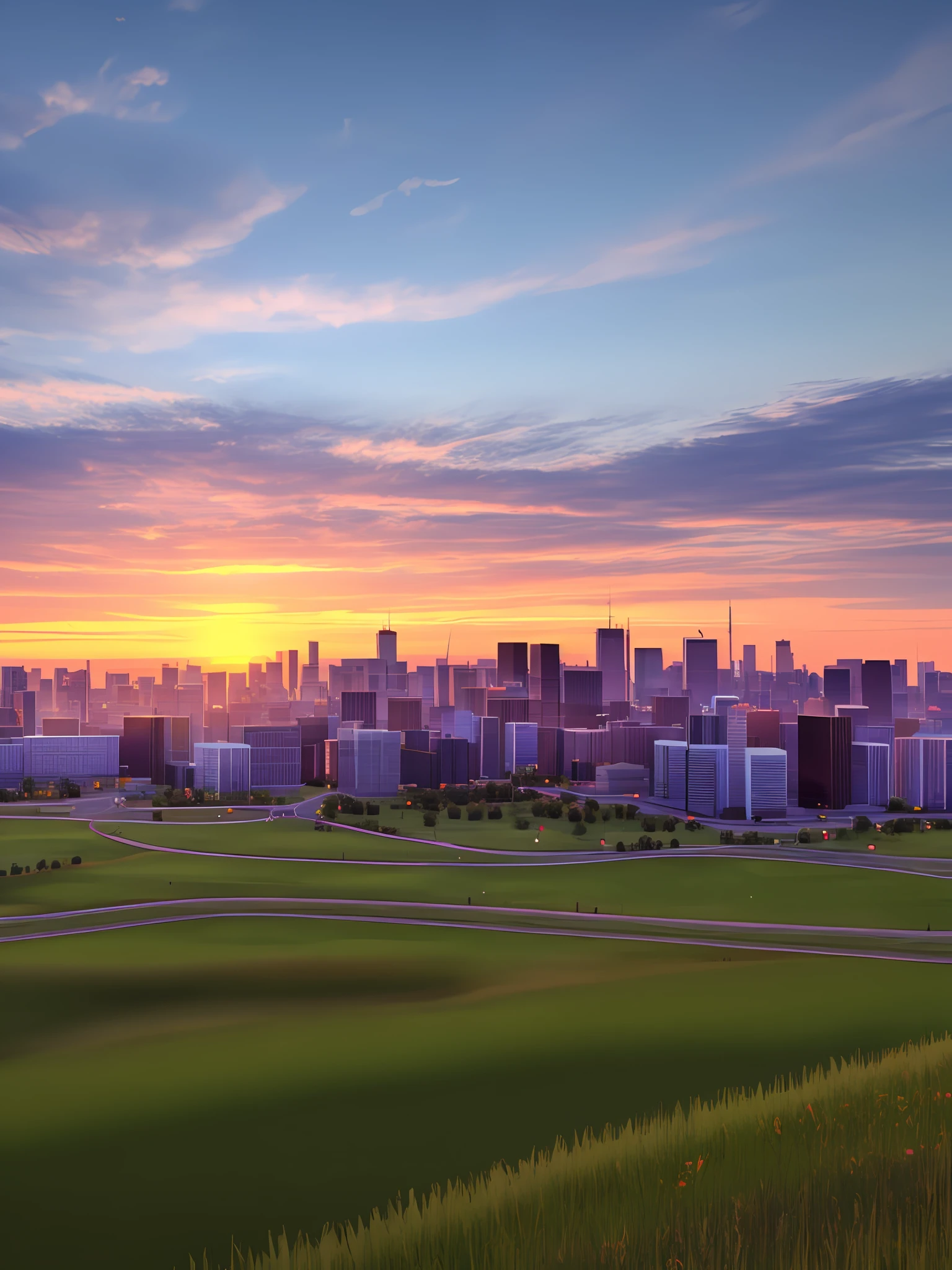 (3D rendering: 1.3), prairie foreground, city background, dusk,
